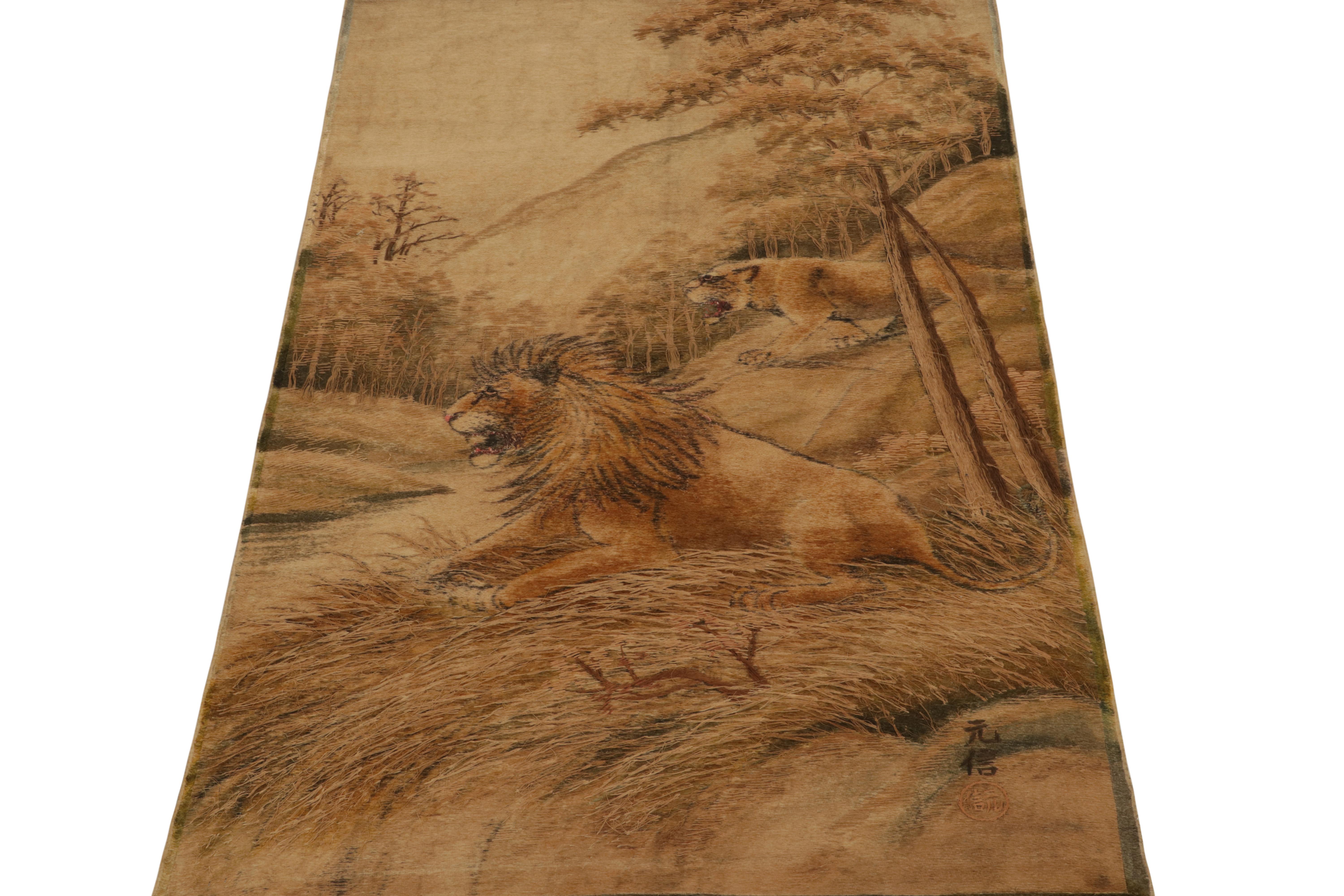 Hand-Knotted Antique Japanese Tapestry in Beige-Brown Lion Pictorials by Rug & Kilim For Sale