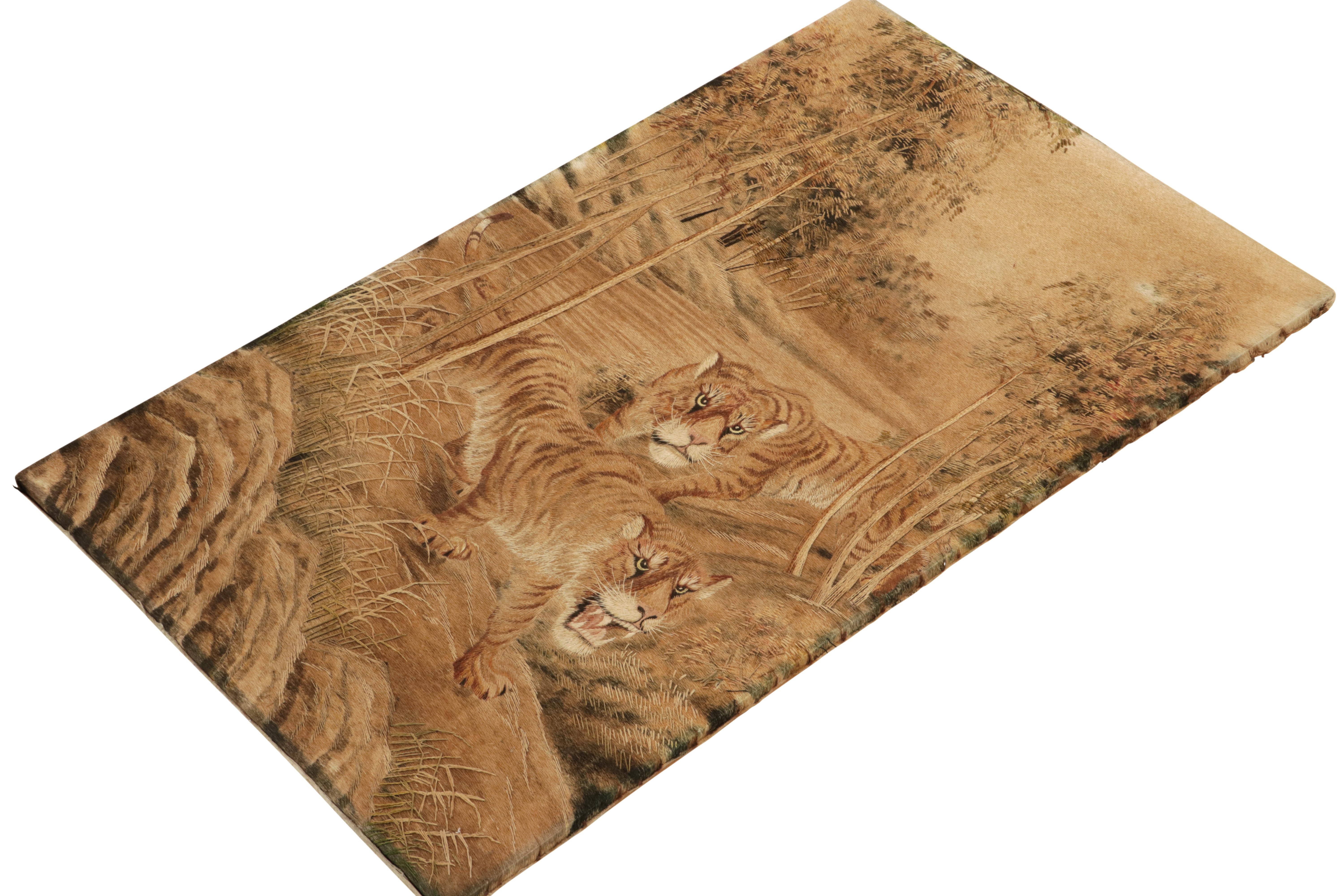 From the most collectible new curations, an antique 3x5 pictorial tapestry from Japan, handwoven in silk circa 1890-1900. 

On the Design: This coveted turn-of-the-century work enjoys a bold depiction of tigers on a forest path. A keen eye may