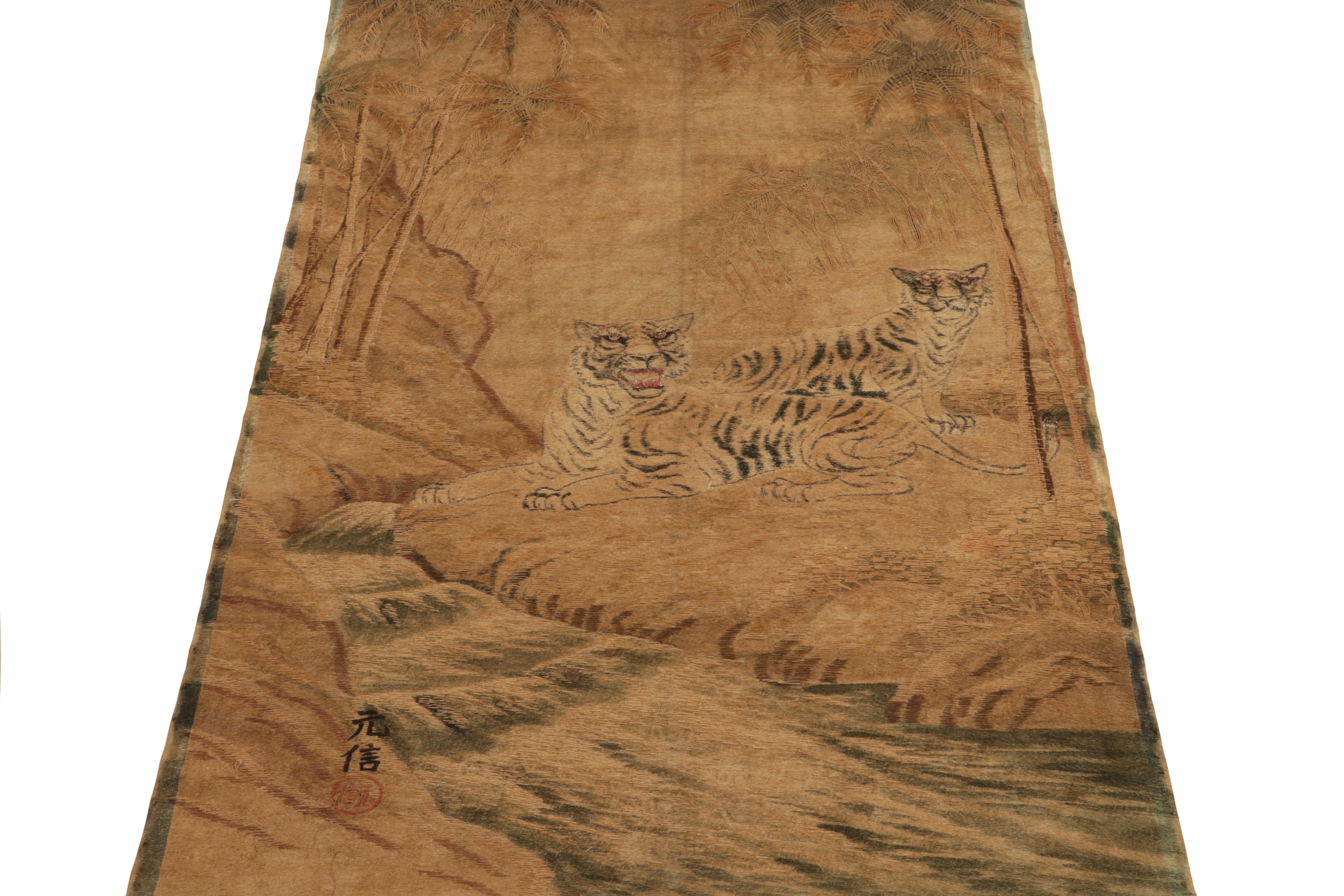 Hand-Knotted Antique Japanese Tapestry in Beige-Brown Tiger Pictorials by Rug & Kilim For Sale