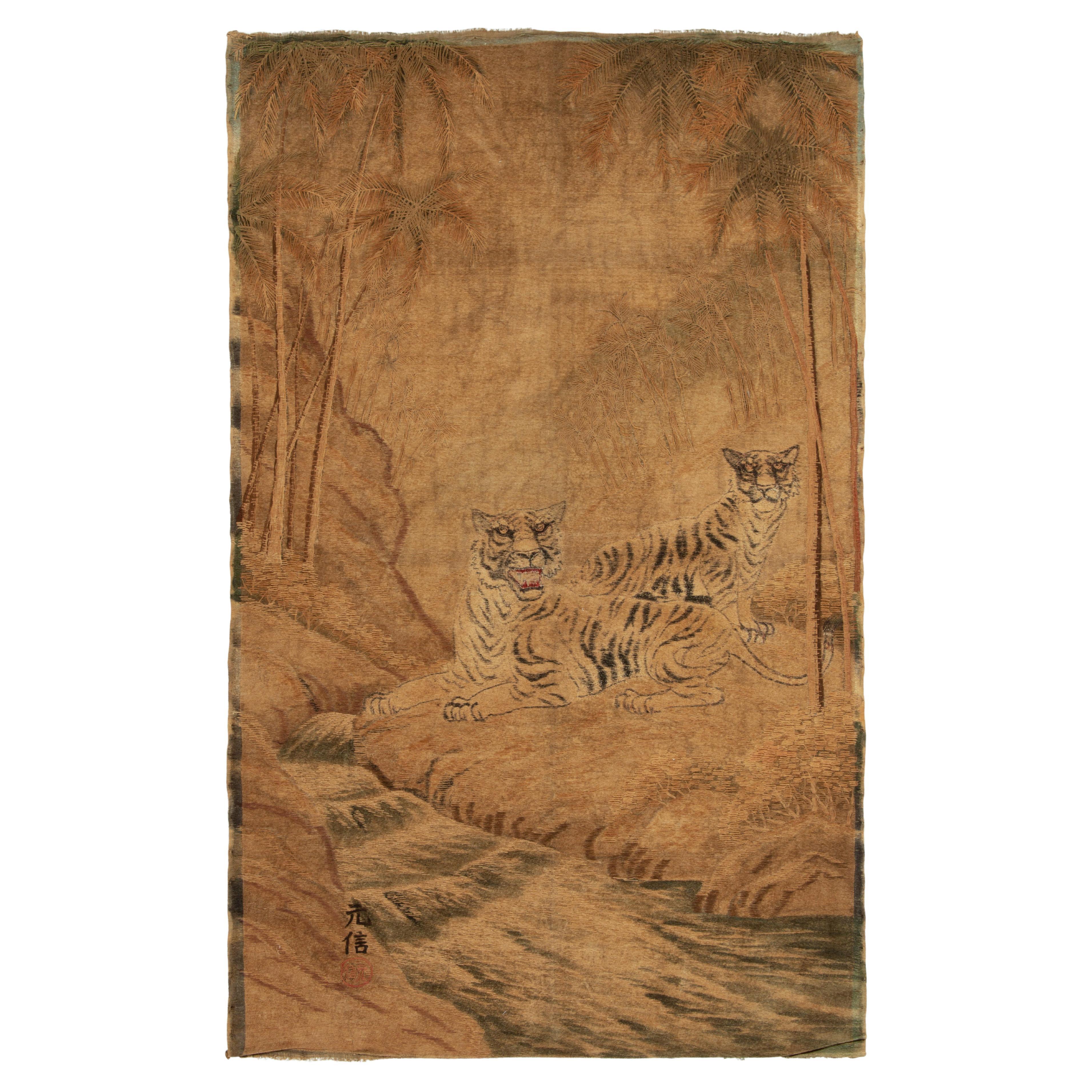 Antique Japanese Tapestry in Beige-Brown Tiger Pictorials by Rug & Kilim