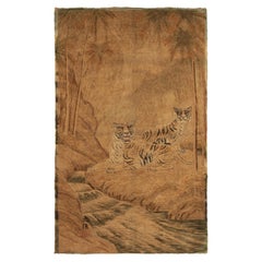 Handwoven Antique Japanese Tapestry in Beige-Brown Tiger Pictorials