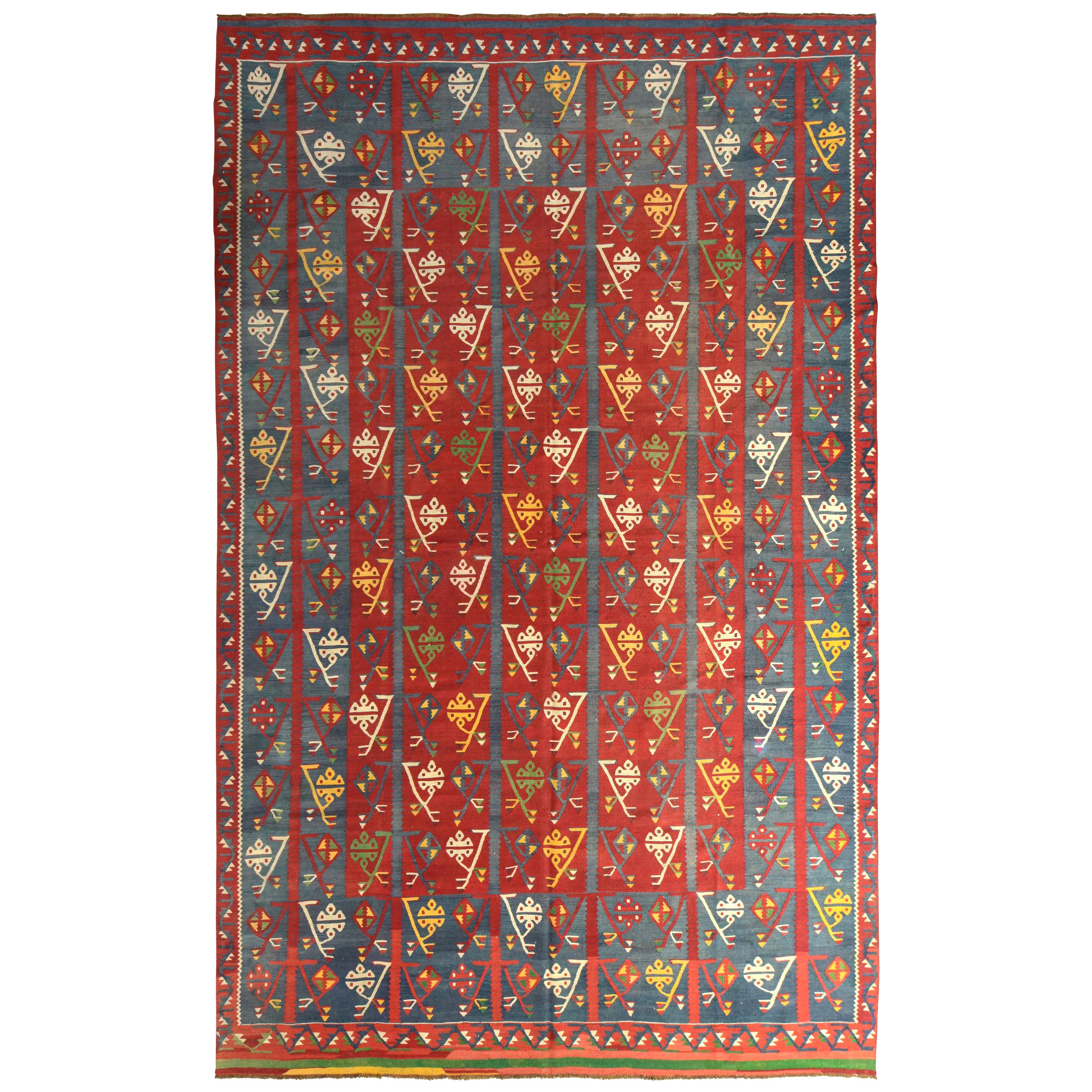 Handwoven Antique Rug in Red and Blue Geometric All-Over Pattern by Rug & Kilim