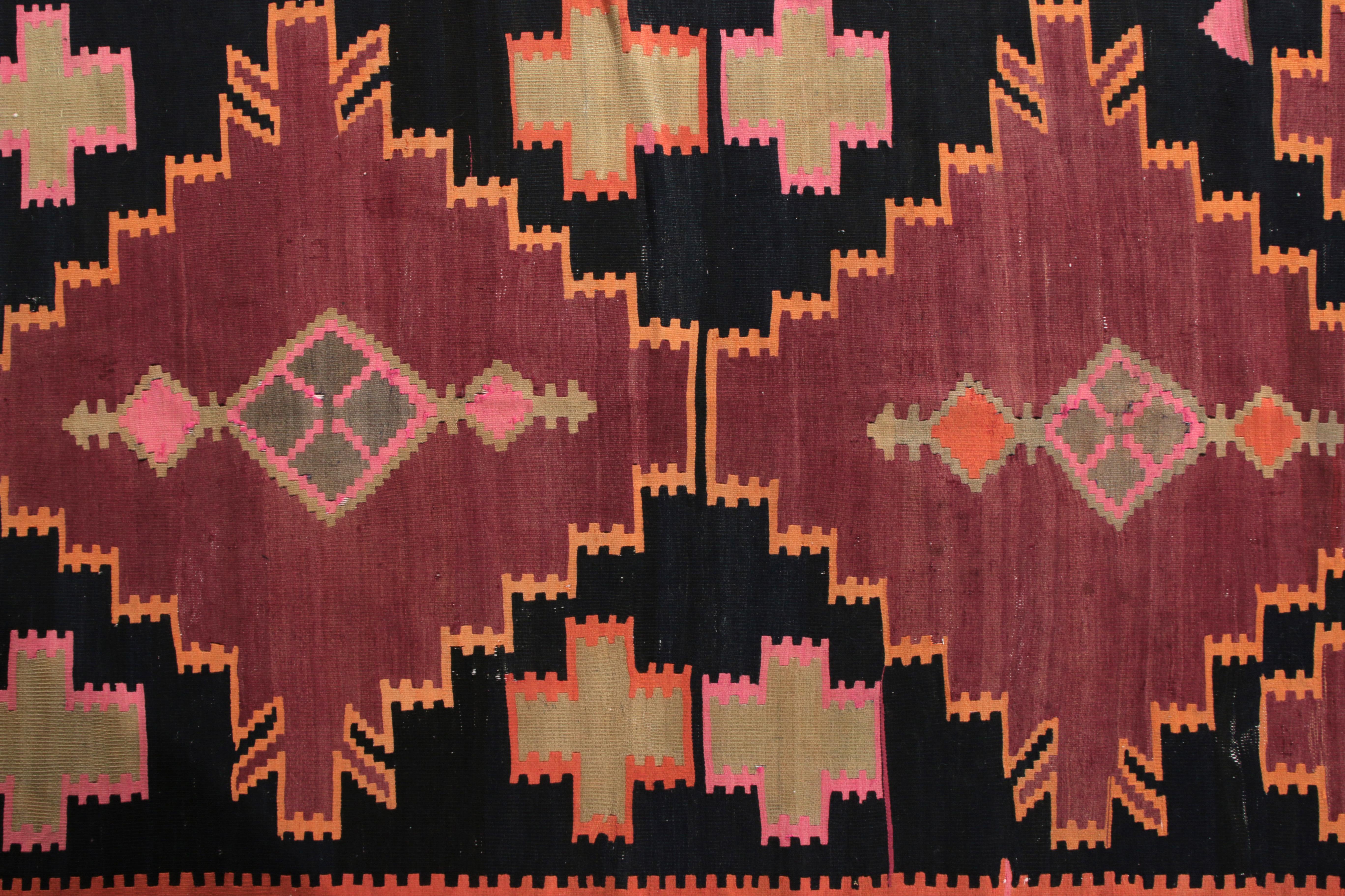 Hand-Woven Handwoven Antique Kilim Rug in Black and Orange Geometric Pattern b Rug & Kilim For Sale