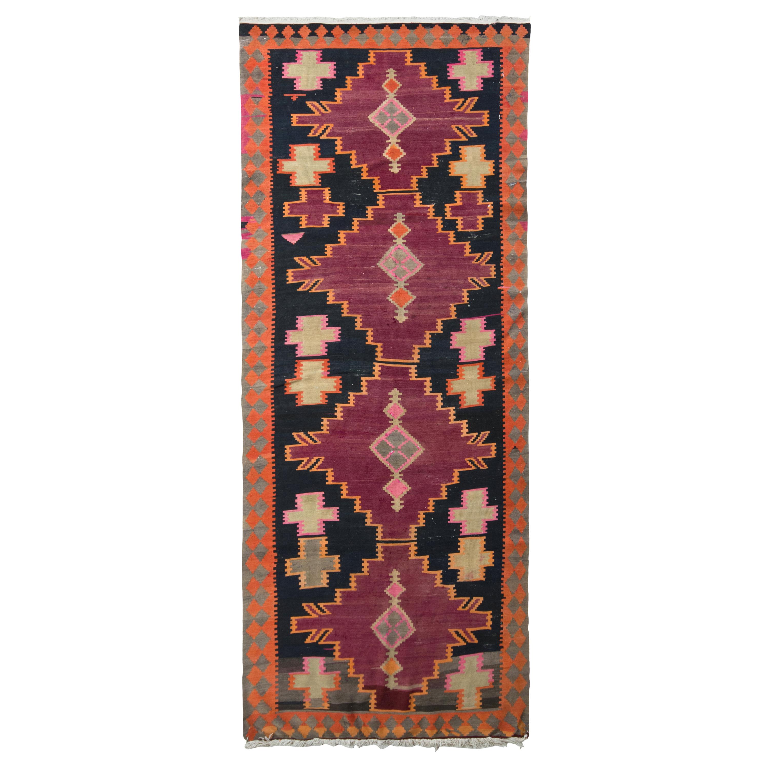 Handwoven Antique Kilim Rug in Black and Orange Geometric Pattern by Rug & Kilim For Sale