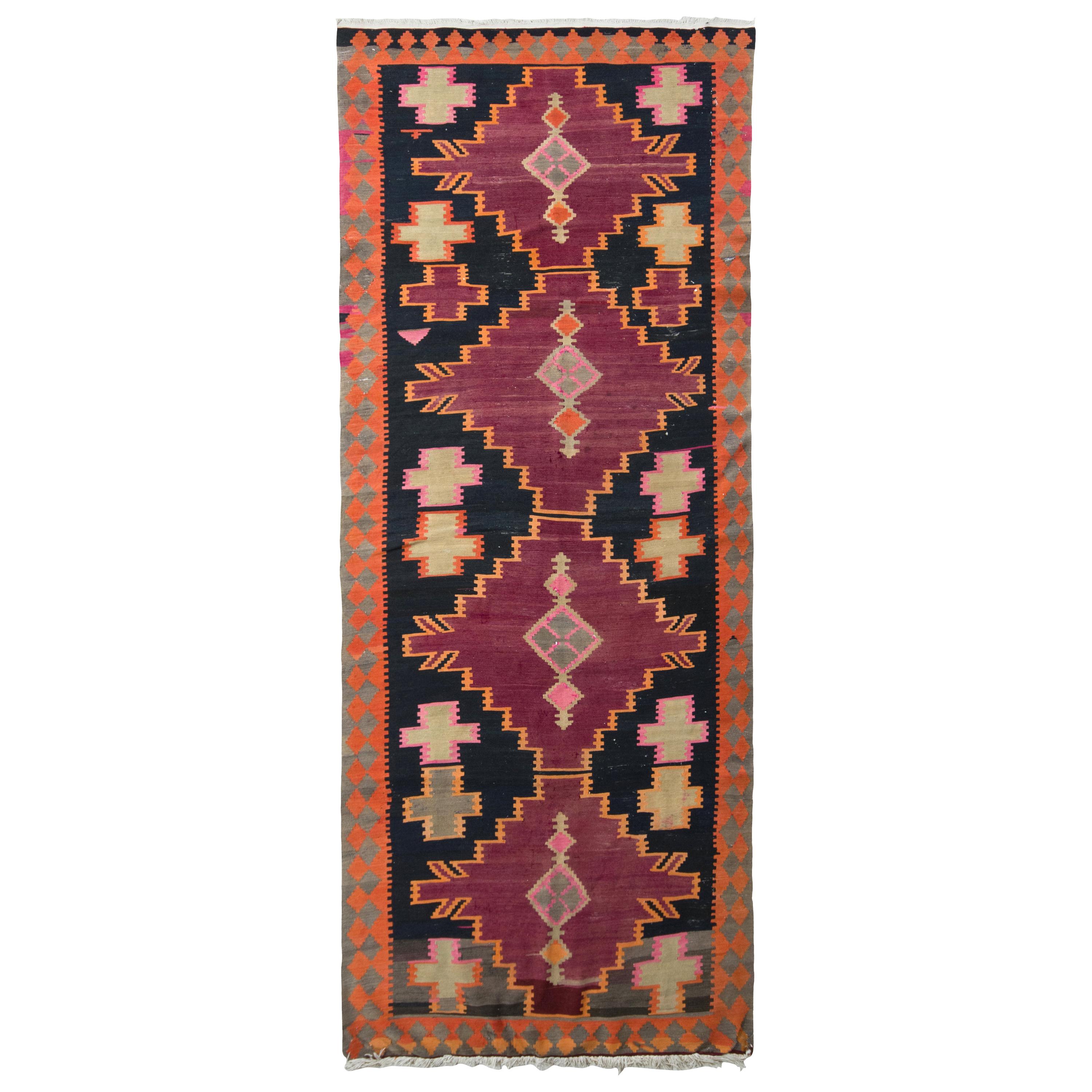 Handwoven Antique Kilim Rug in Black and Orange Geometric Pattern b Rug & Kilim For Sale