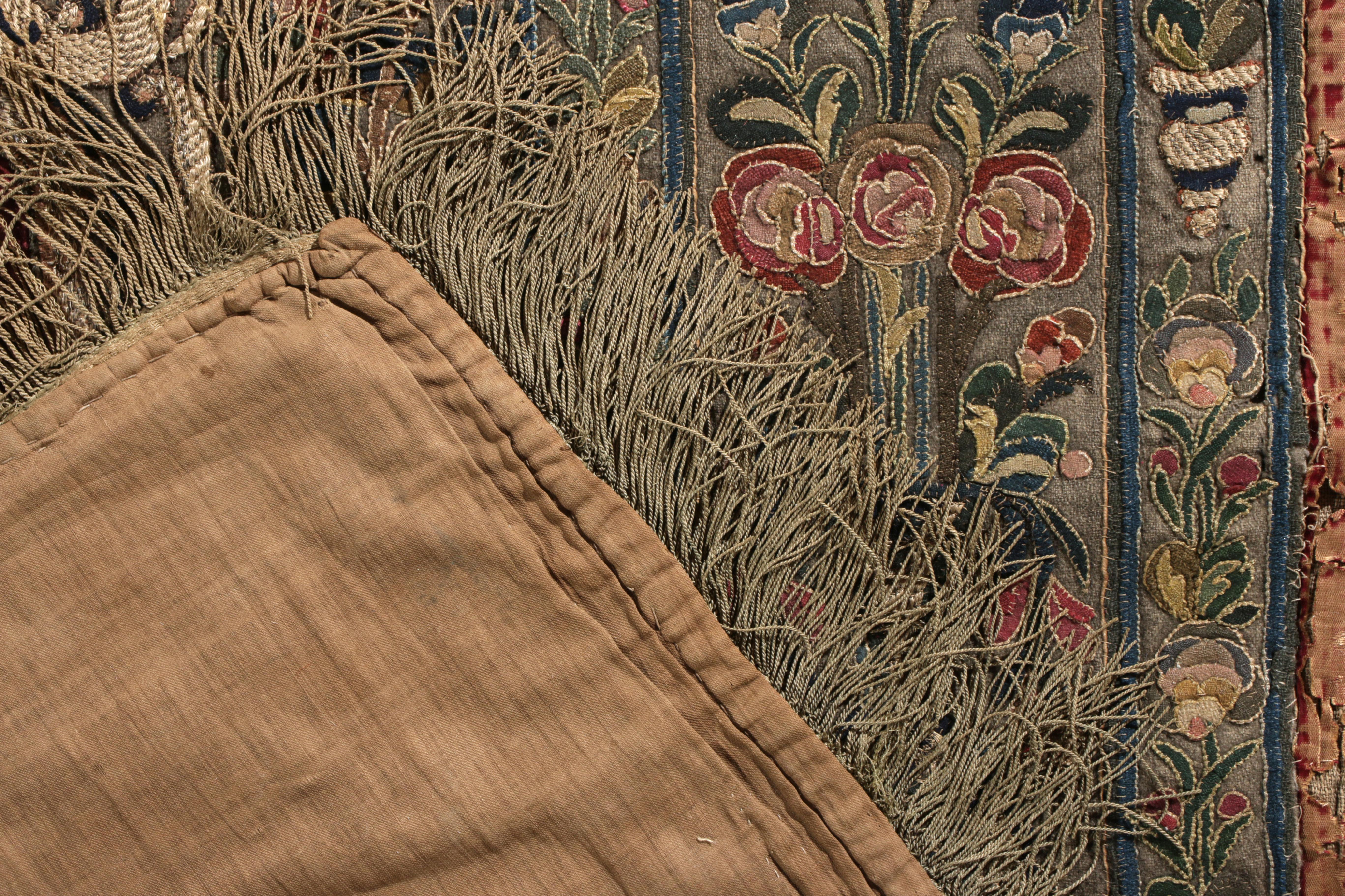 Silk Antique Italian Tapestry in Green and Red With Floral Patterns, From Rug & Kilim For Sale