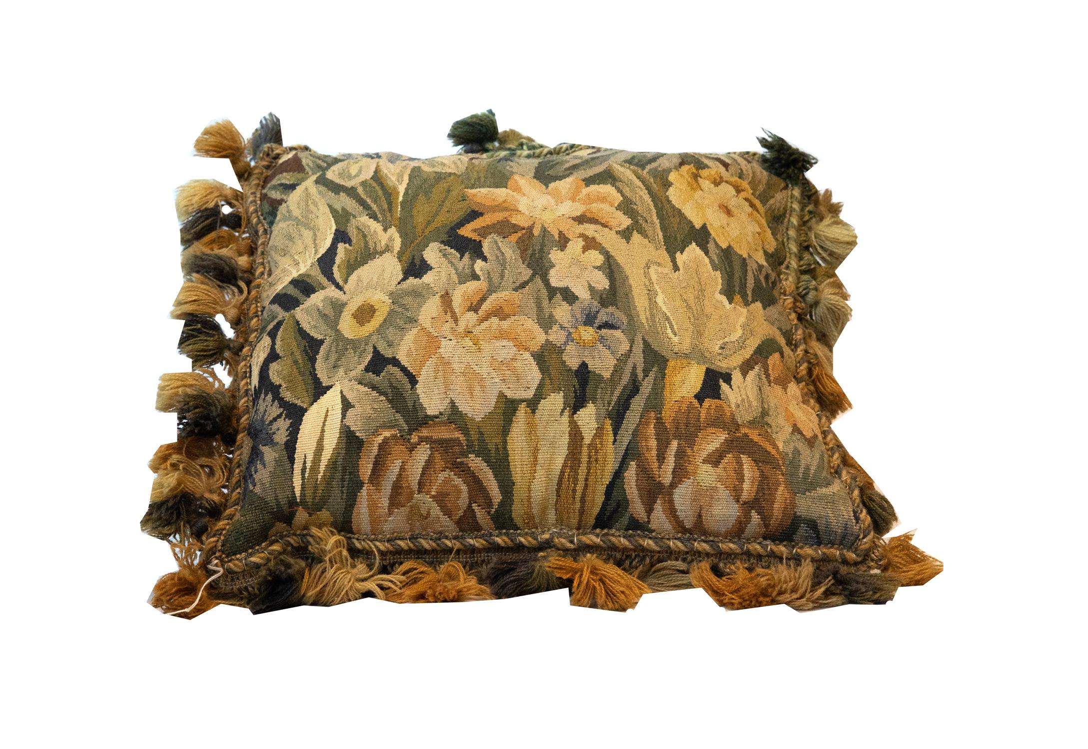 Chinese Handwoven Aubusson Cushion Cover Green Beige Pillow Case