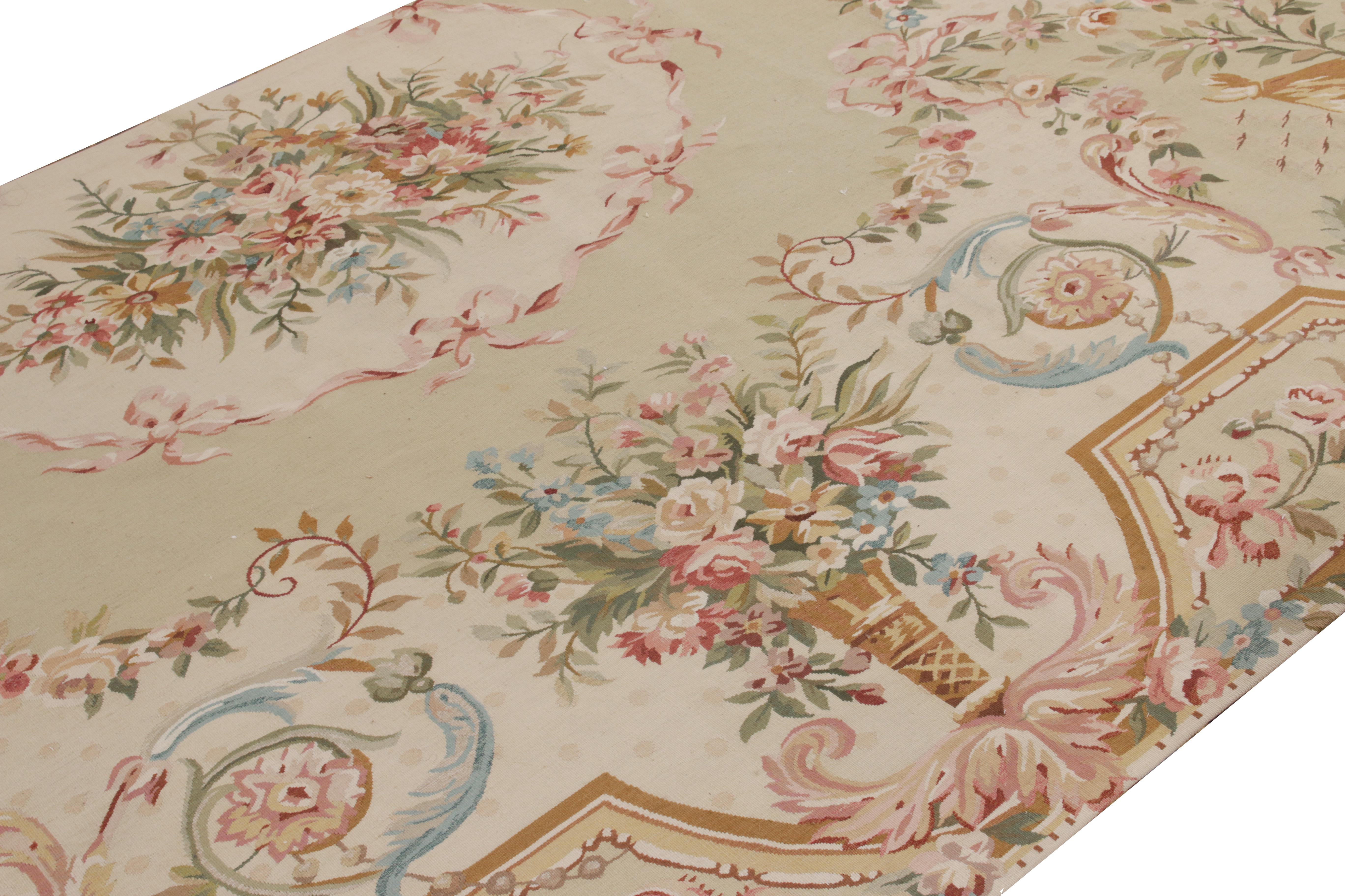 European Rug & Kilim's Handwoven Aubusson Flat Weave Style Green, Pink, Beige Floral Rug For Sale