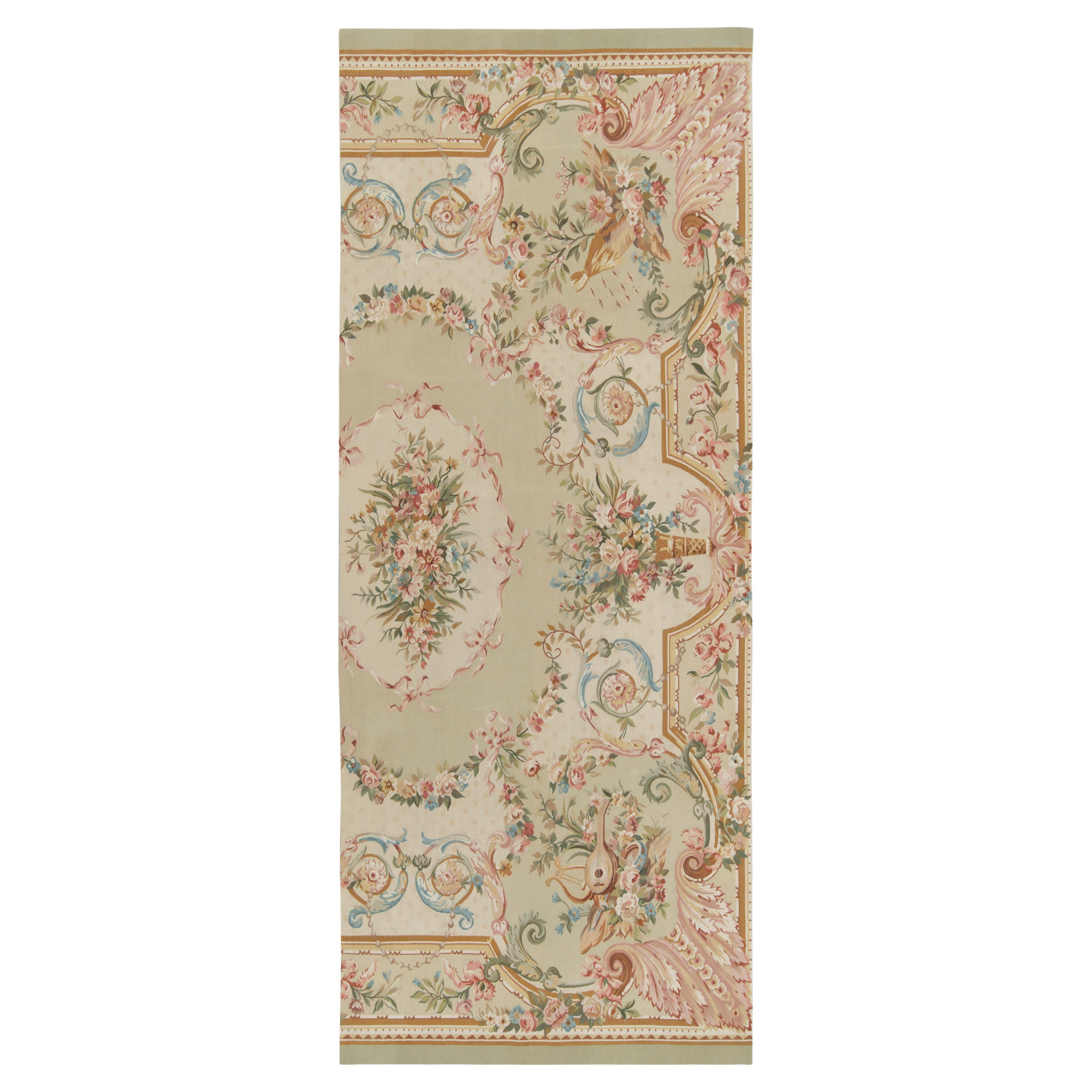 Handgewebter Teppich & Kelim-Teppich im Flachgewebe-Stil in Grün, Rosa und Beige mit Blumenmuster