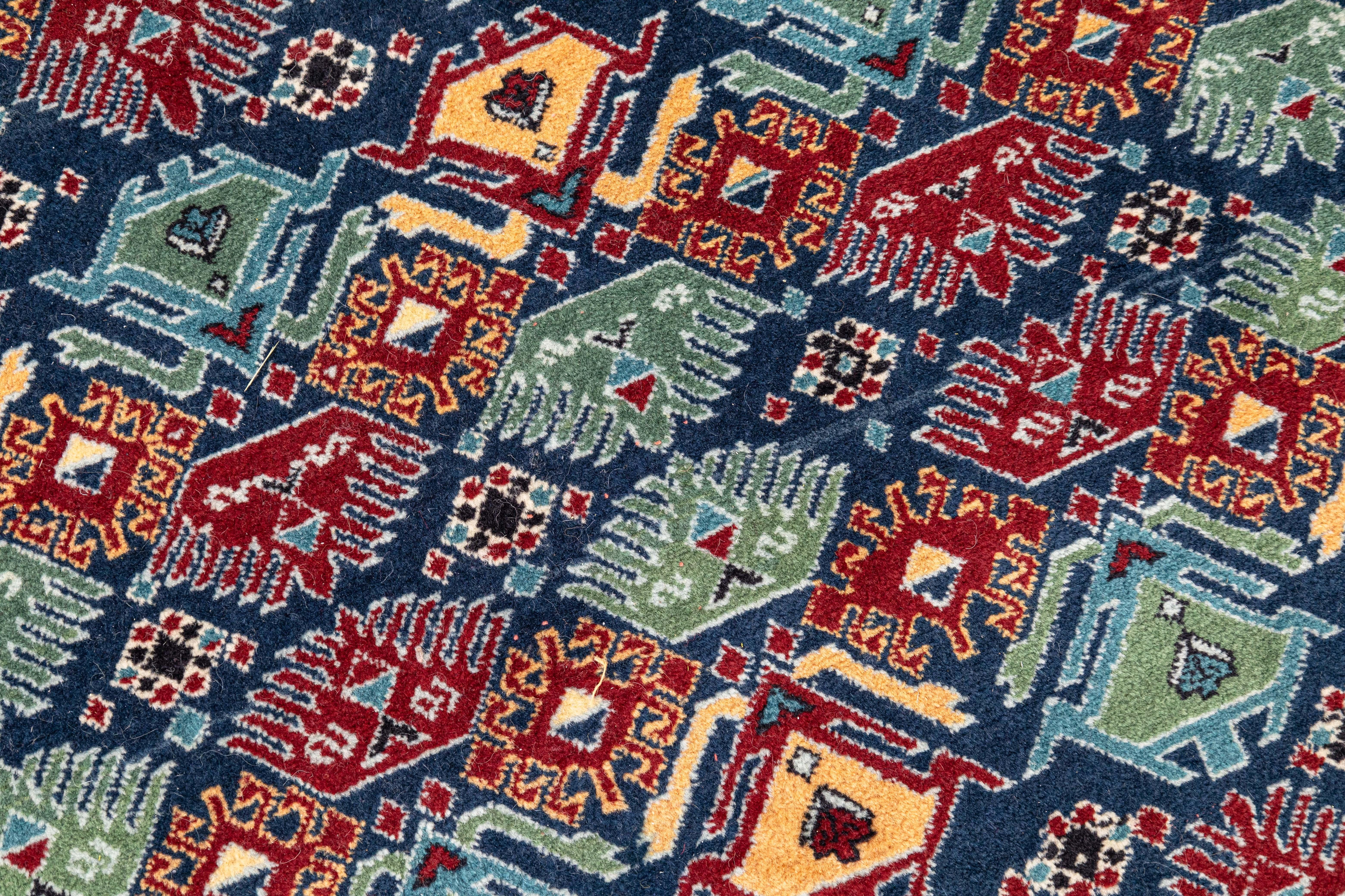Handwoven Azerbaijani Red, Green, and Blue Area Rug Azerbaijan Stitched 6' x 4' In Good Condition For Sale In Keego Harbor, MI