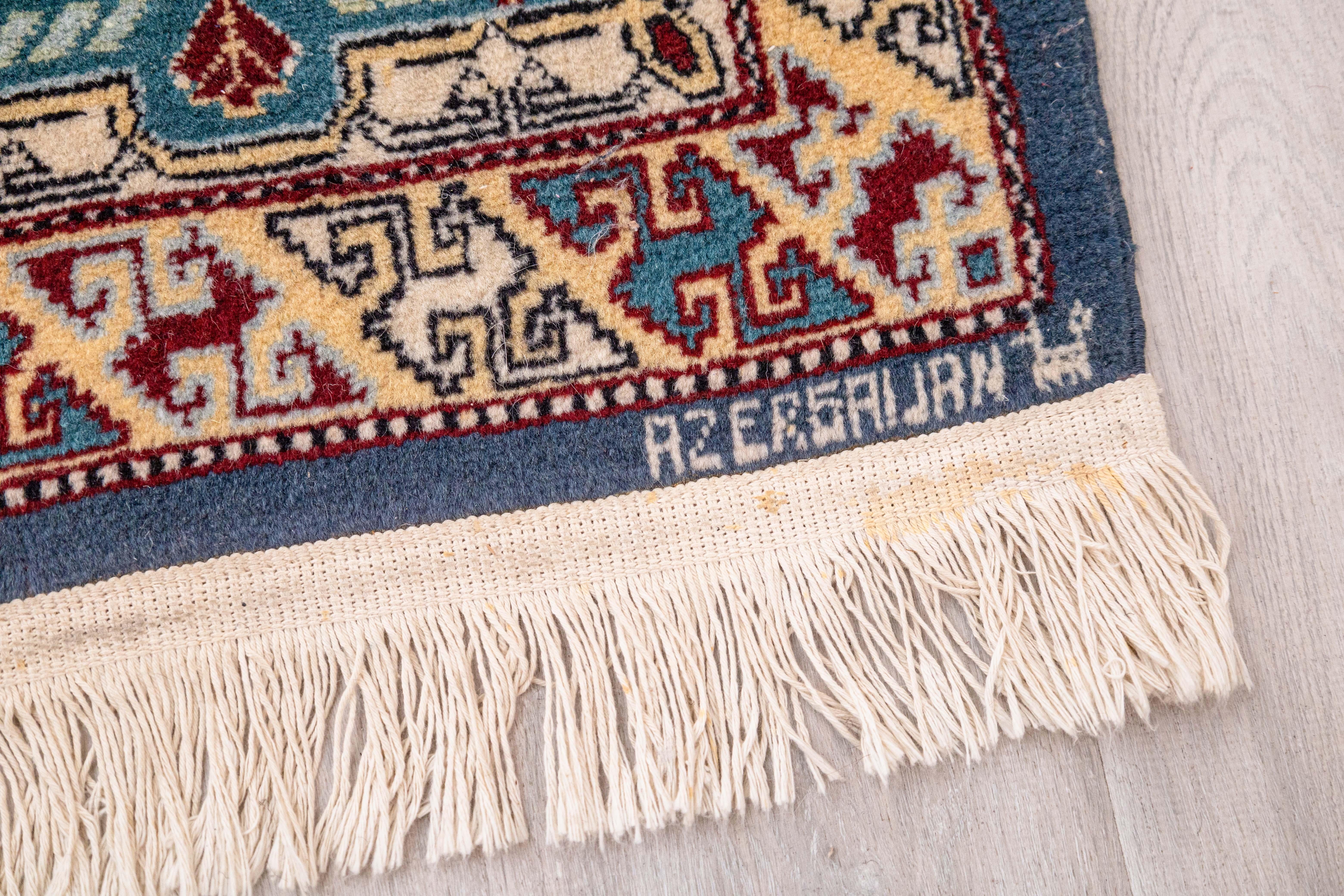 Handwoven Azerbaijani Red, Green, and Blue Area Rug Azerbaijan Stitched 6' x 4' For Sale 1