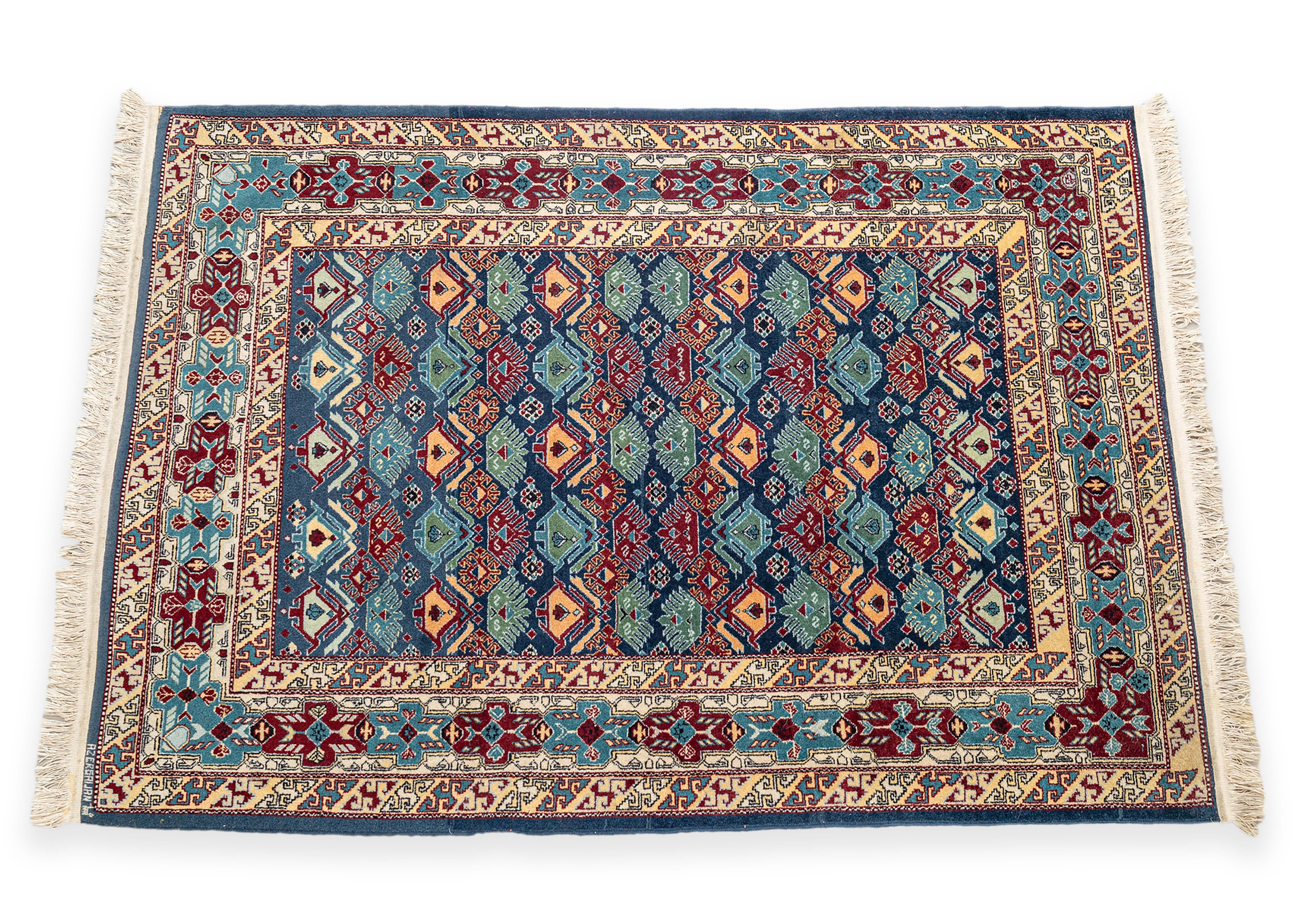 Handwoven Azerbaijani Red, Green, and Blue Area Rug Azerbaijan Stitched 6' x 4' For Sale 3