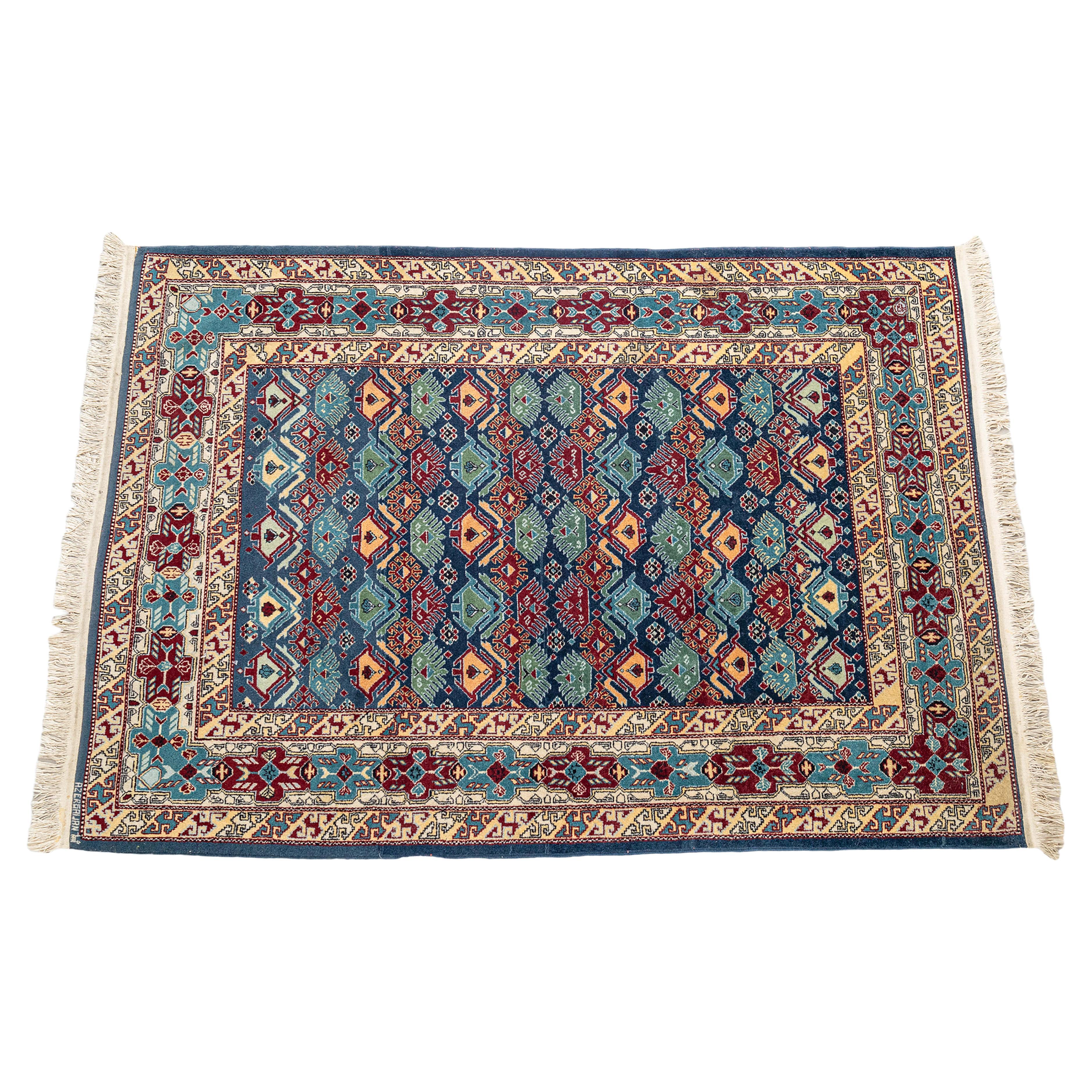 Handwoven Azerbaijani Red, Green, and Blue Area Rug Azerbaijan Stitched 6' x 4' For Sale