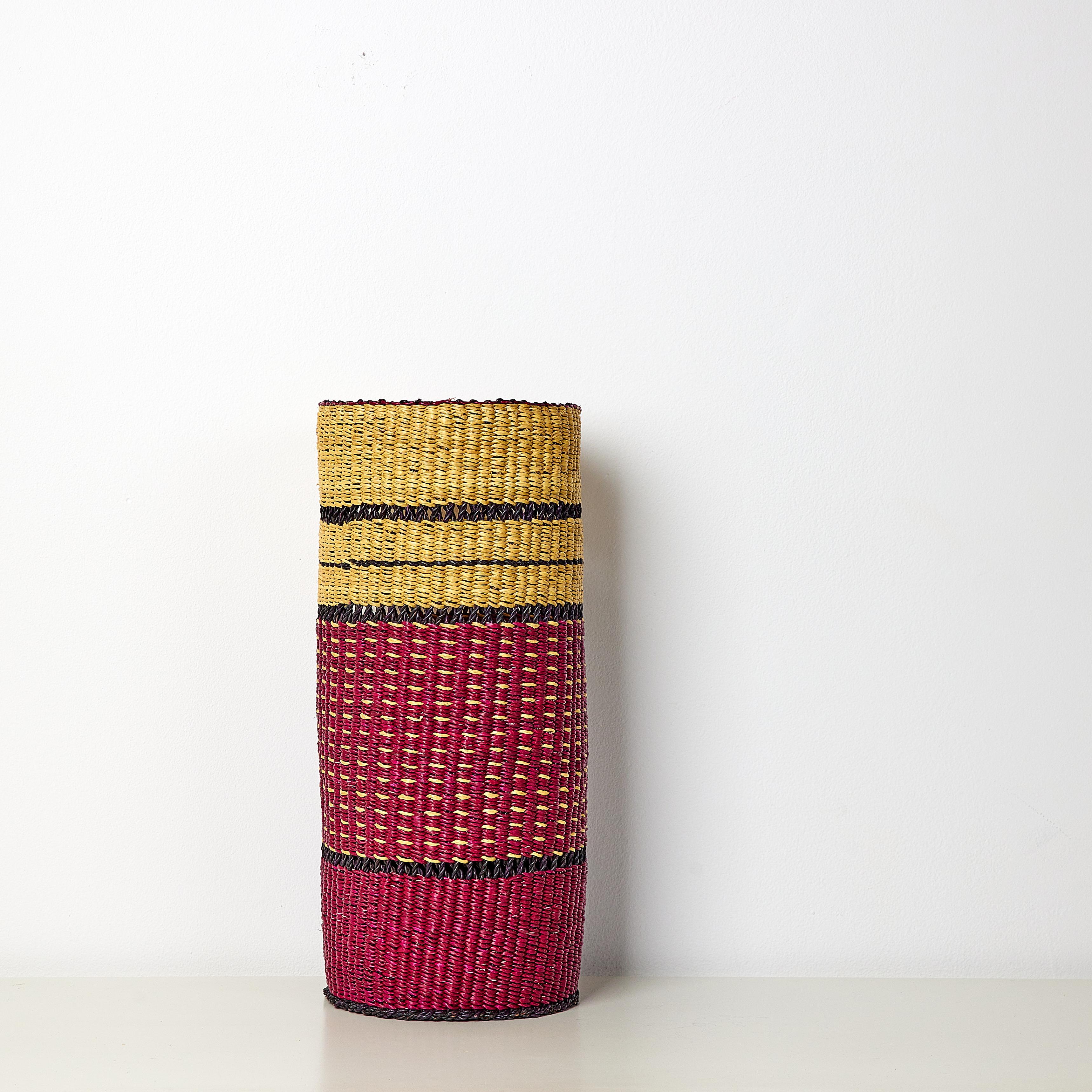 Handwoven Basket Vase, Elegant, Burgundy Red, Patterned, Perfect for