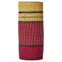 Handwoven Basket Vase, Elegant, Burgundy Red, Patterned, Perfect for dry flowers
