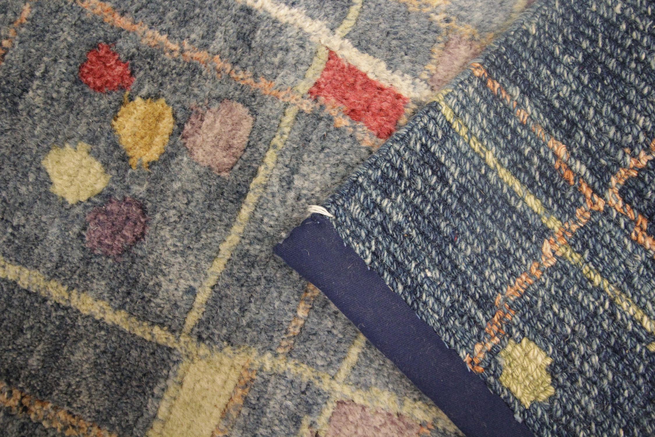 Vegetable Dyed Handwoven Blue Door Mat, Modern Small Wool Rug Abstract Carpet