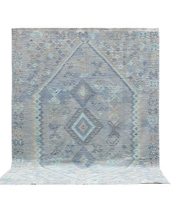 Handwoven Blue & Gray Geometric Kilim Rug, Sourced in Sweden