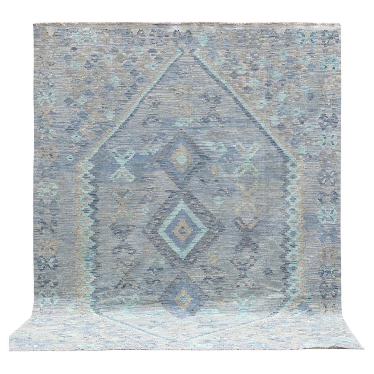Handwoven Blue & Gray Geometric Kilim Rug, Sourced in Sweden