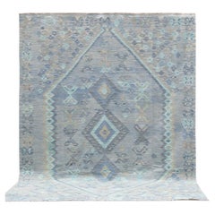 Handwoven Blue & Gray Geometric Kilim Rug, Sourced in Sweden