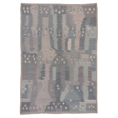Handgewebter blauer & grauer Flachgewebe-Teppich im skandinavischen Design