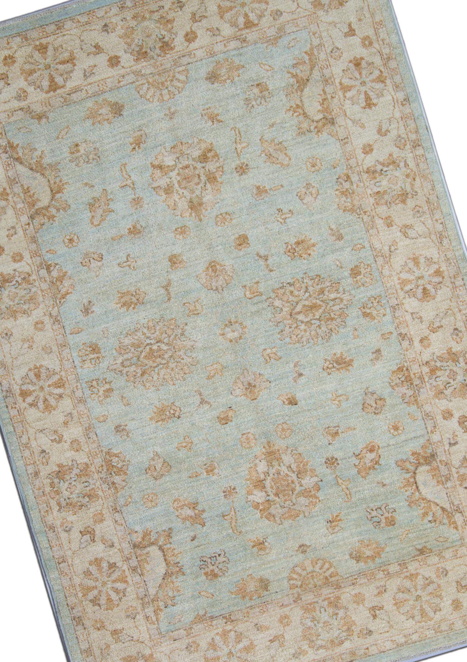 Country Handwoven Blue Rug Carpet Traditional Floral Area Rug All Over Design For Sale