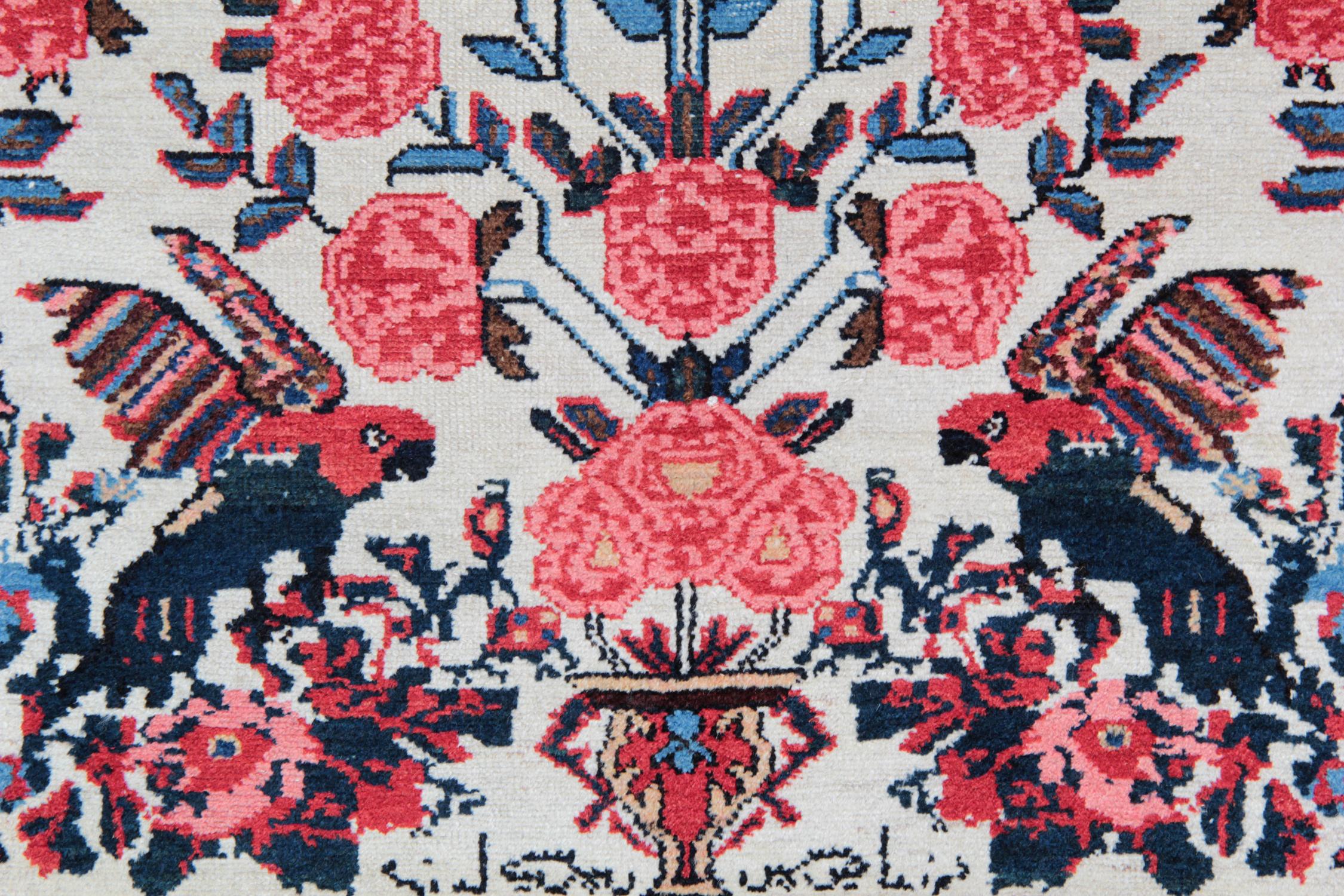 Alfombra Floral Alfombra Tejida a Mano Antigua Alfombra Crema Rosa Pictórica Teñido con vegetales en venta