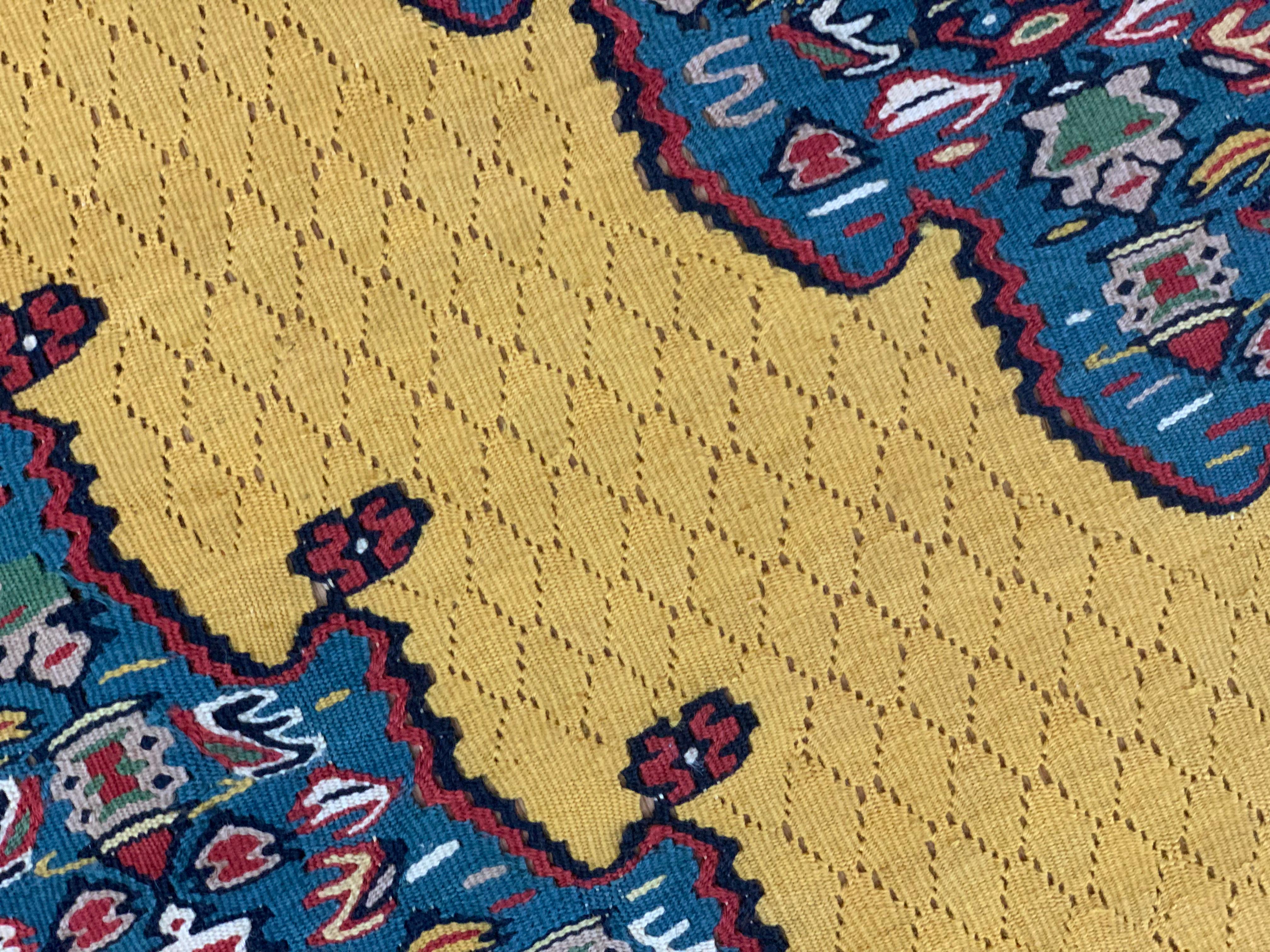 Handwoven Carpet Gold Kurdish Area Rug Yellow Silk and Wool Kilim Rug For Sale 2