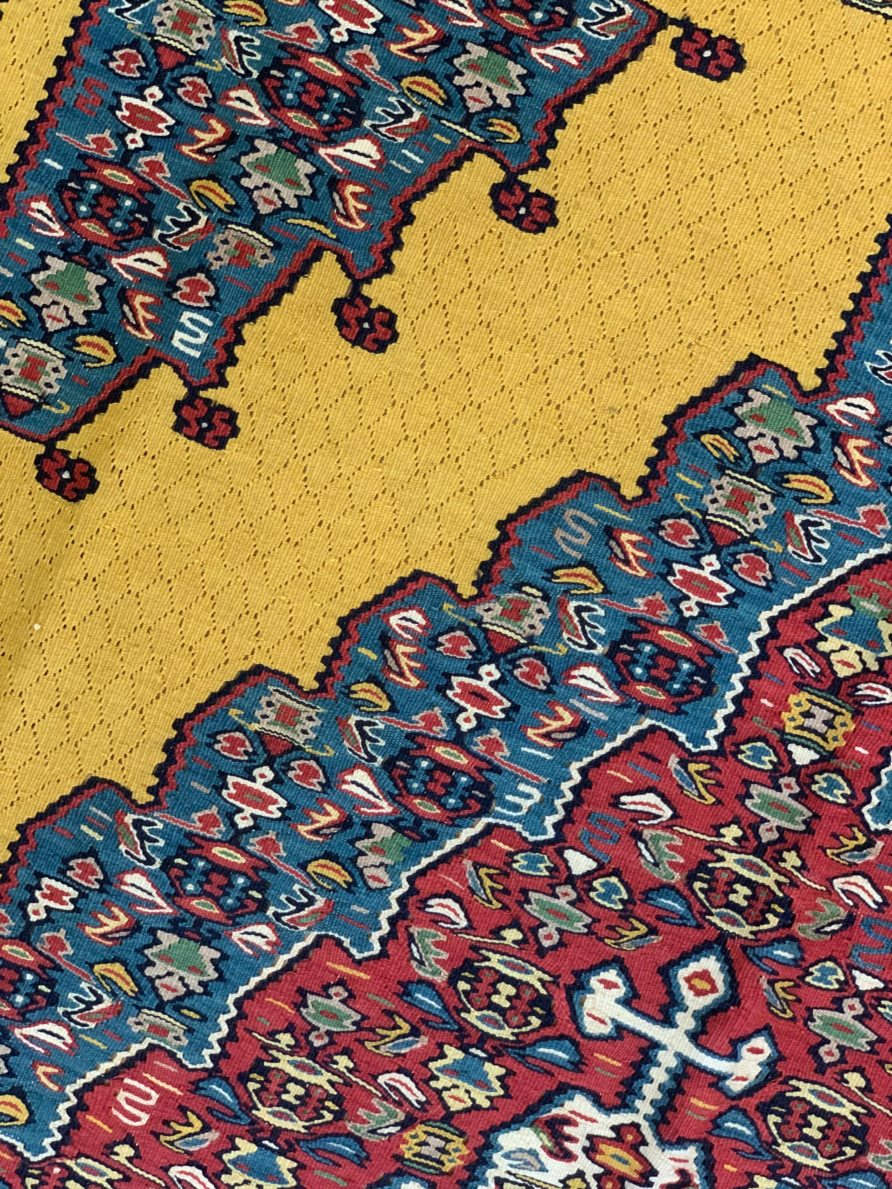 Handwoven Carpet Gold Kurdish Area Rug Yellow Silk and Wool Kilim Rug For Sale 3