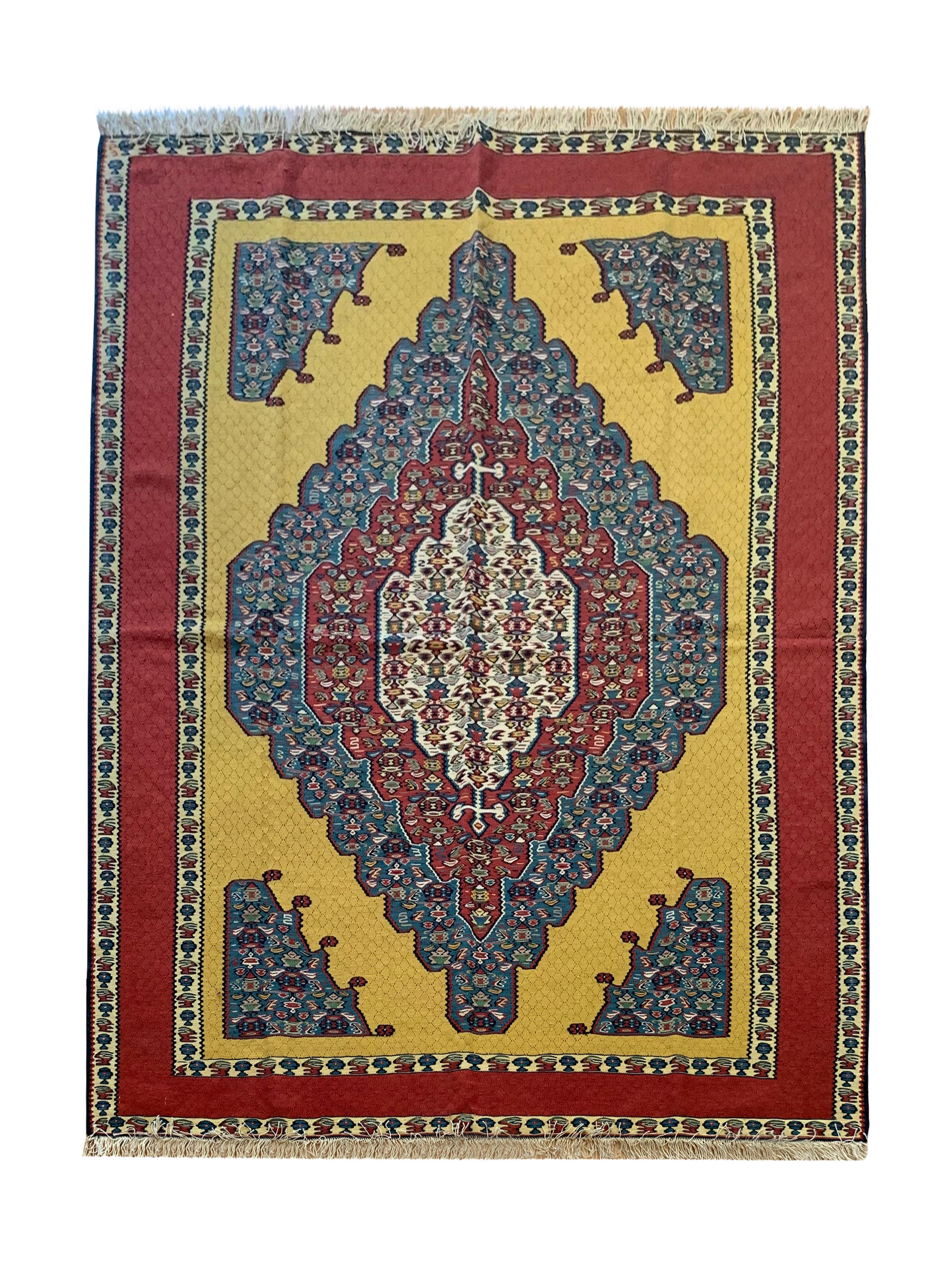 Handwoven Carpet Gold Kurdish Area Rug Yellow Silk and Wool Kilim Rug For Sale 5