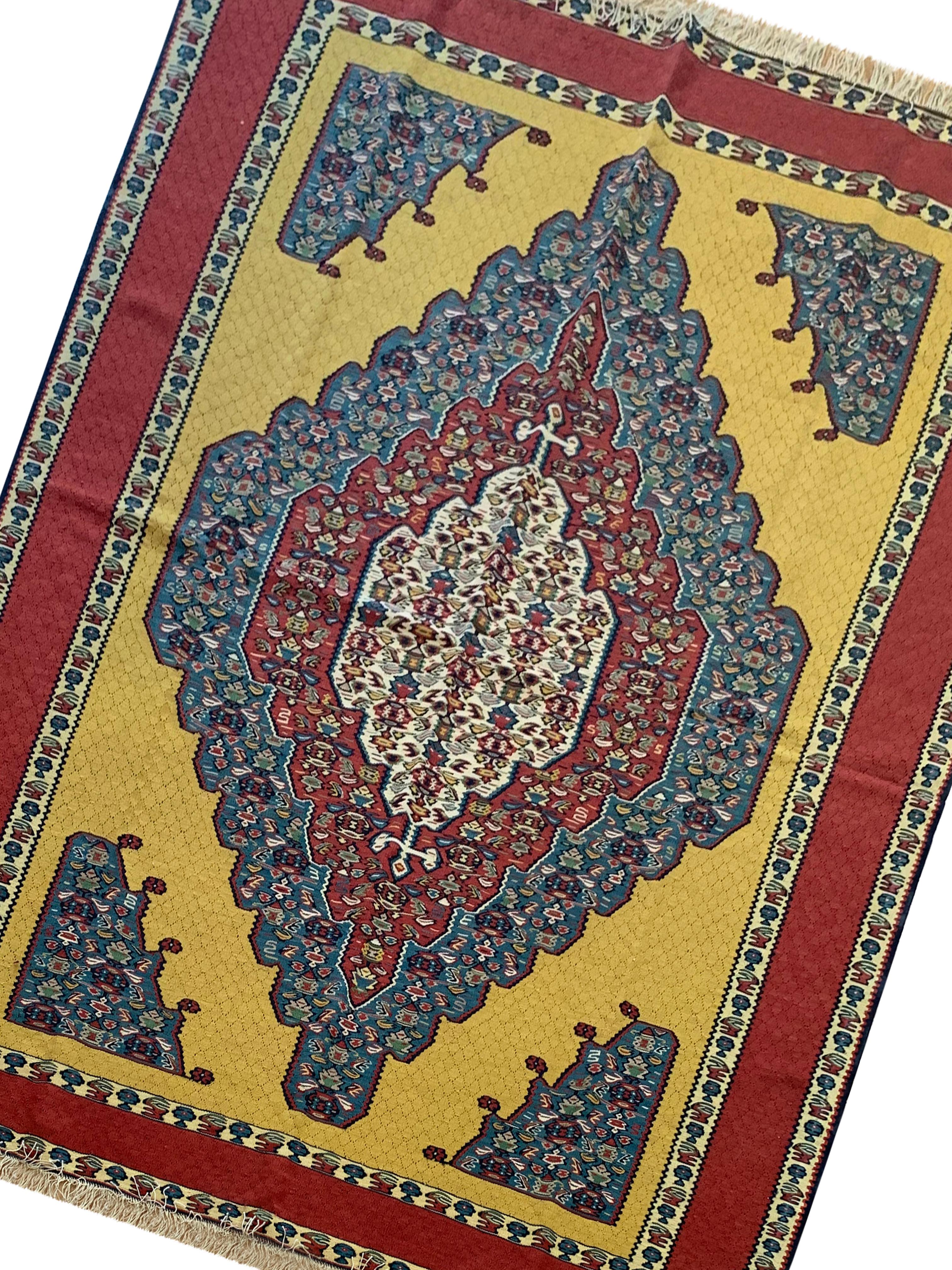 Handwoven Carpet Gold Kurdish Area Rug Yellow Silk and Wool Kilim Rug For Sale 6