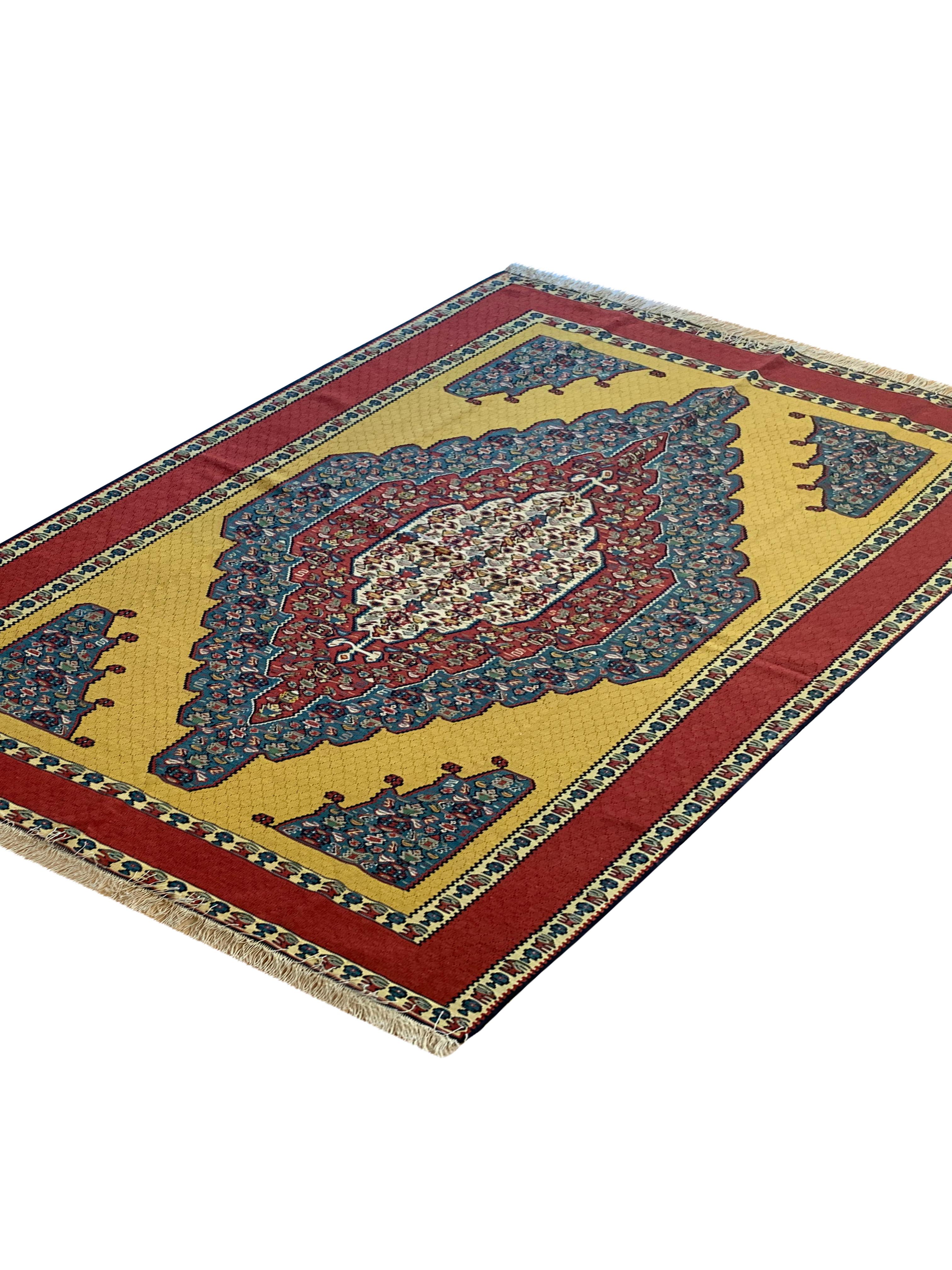 Handwoven Carpet Gold Kurdish Area Rug Yellow Silk and Wool Kilim Rug For Sale 7