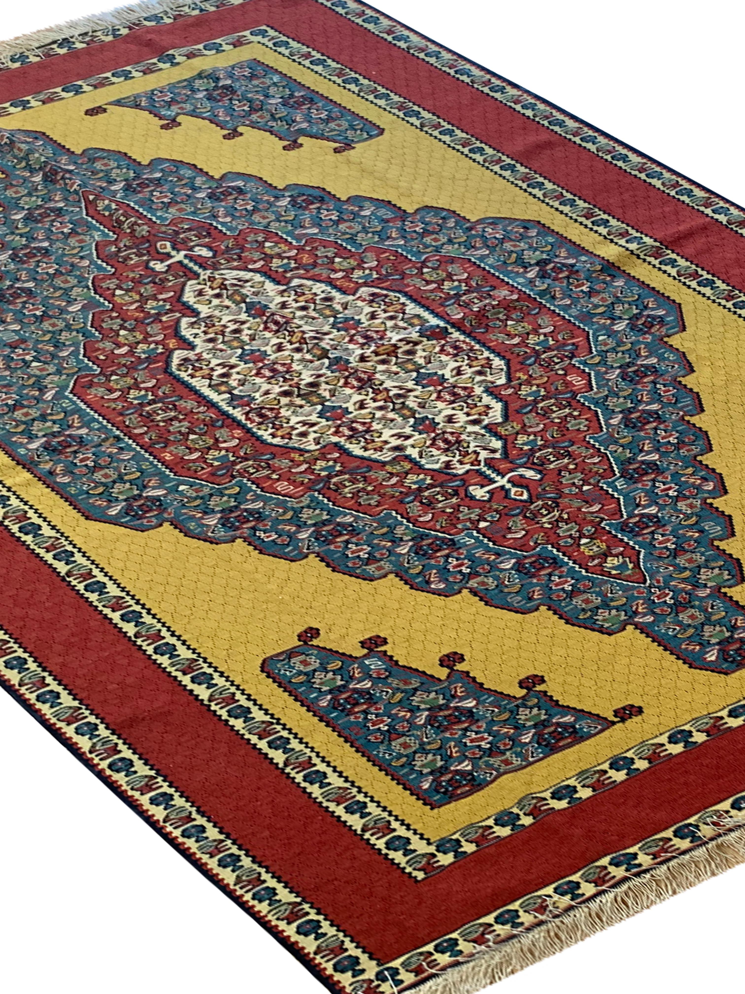 Handwoven Carpet Gold Kurdish Area Rug Yellow Silk and Wool Kilim Rug For Sale 8