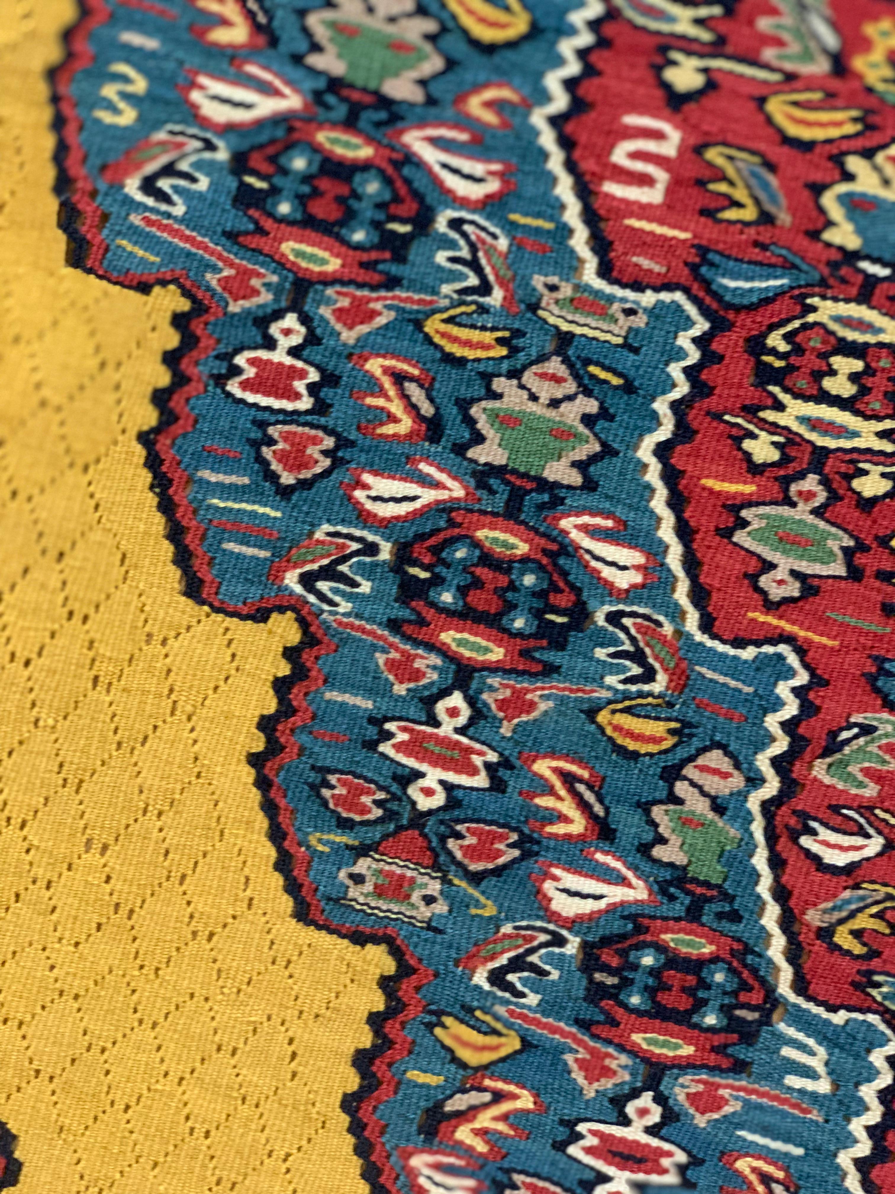 Iraqi Handwoven Carpet Gold Kurdish Area Rug Yellow Silk and Wool Kilim Rug For Sale