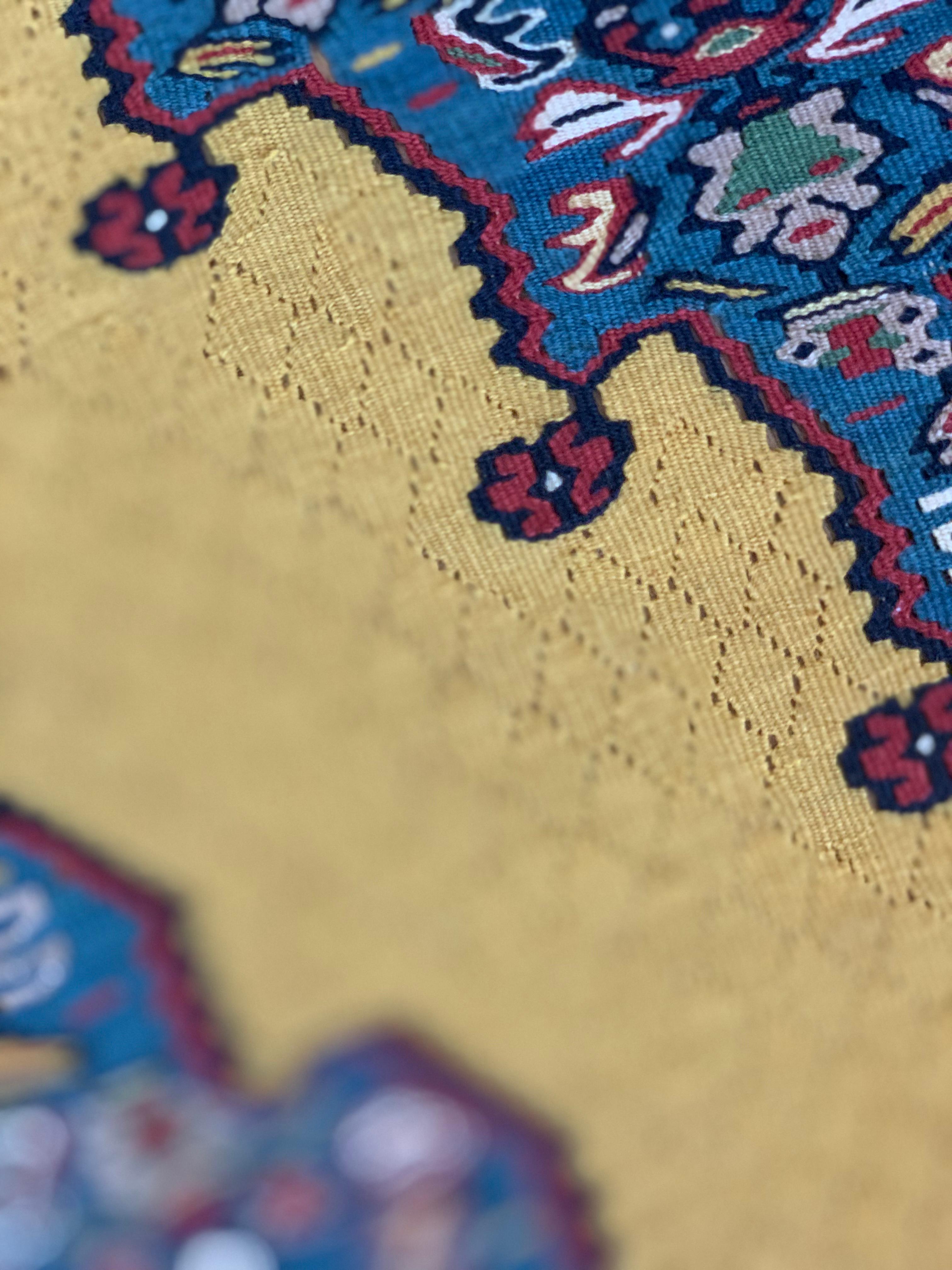 Organic Material Handwoven Carpet Gold Kurdish Area Rug Yellow Silk and Wool Kilim Rug For Sale