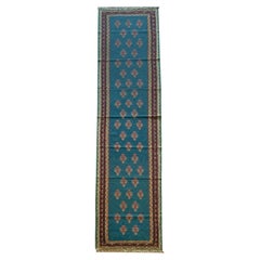 Handwoven Carpet High End Kurdish Kilim Blue Silk Wool Runner Rug