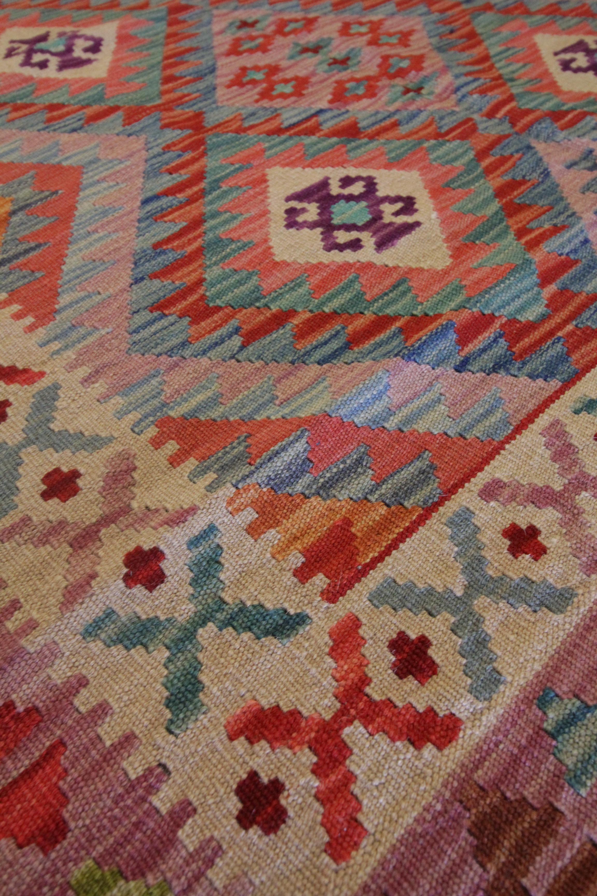 Hand-Knotted Handwoven Carpet Kilim Area Rug Blue Traditional Geometric Kilim Rug