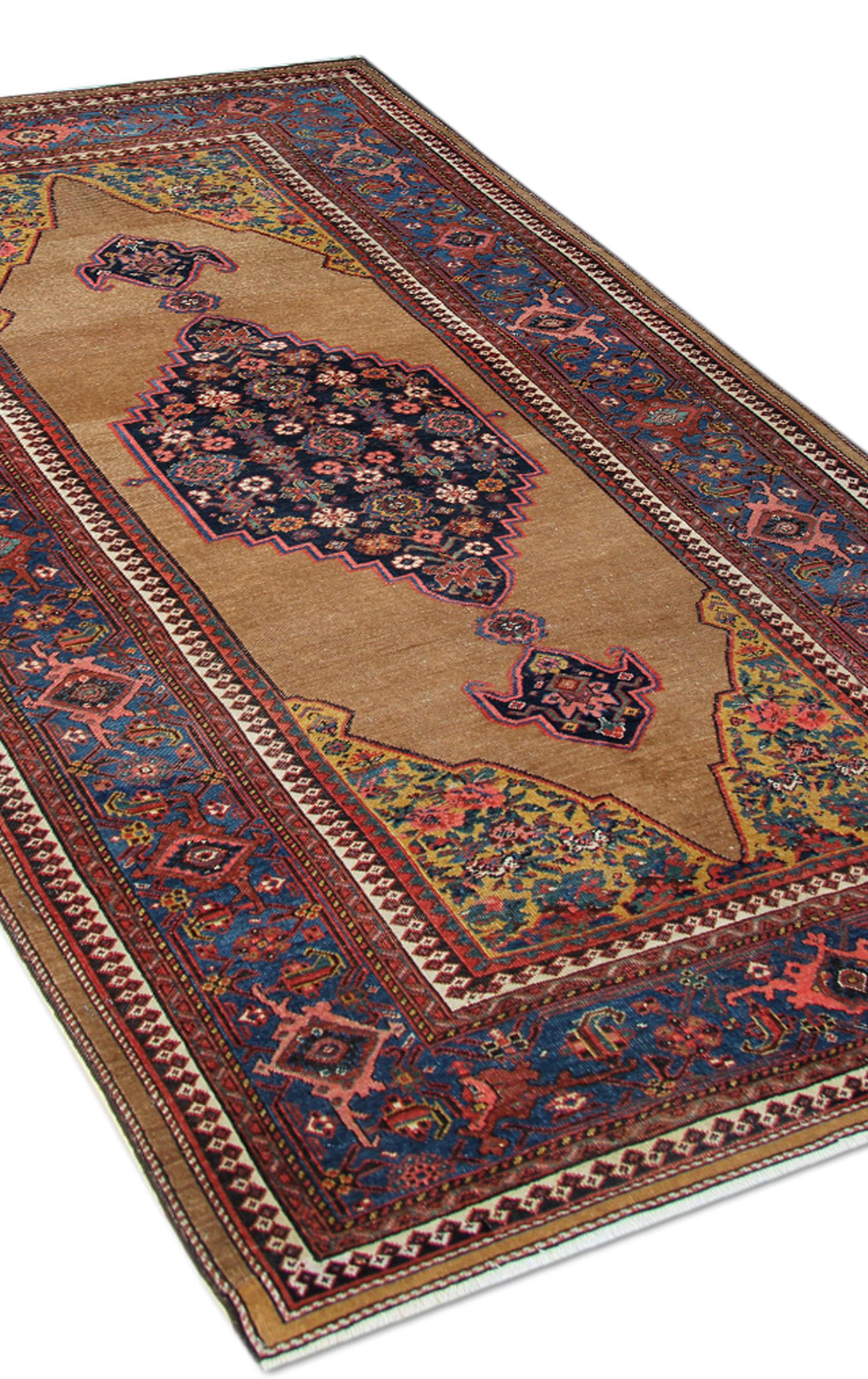 Early 20th Century Handwoven Carpet Rug Geometric Oriental Area Rug Traditional Gold Rug For Sale