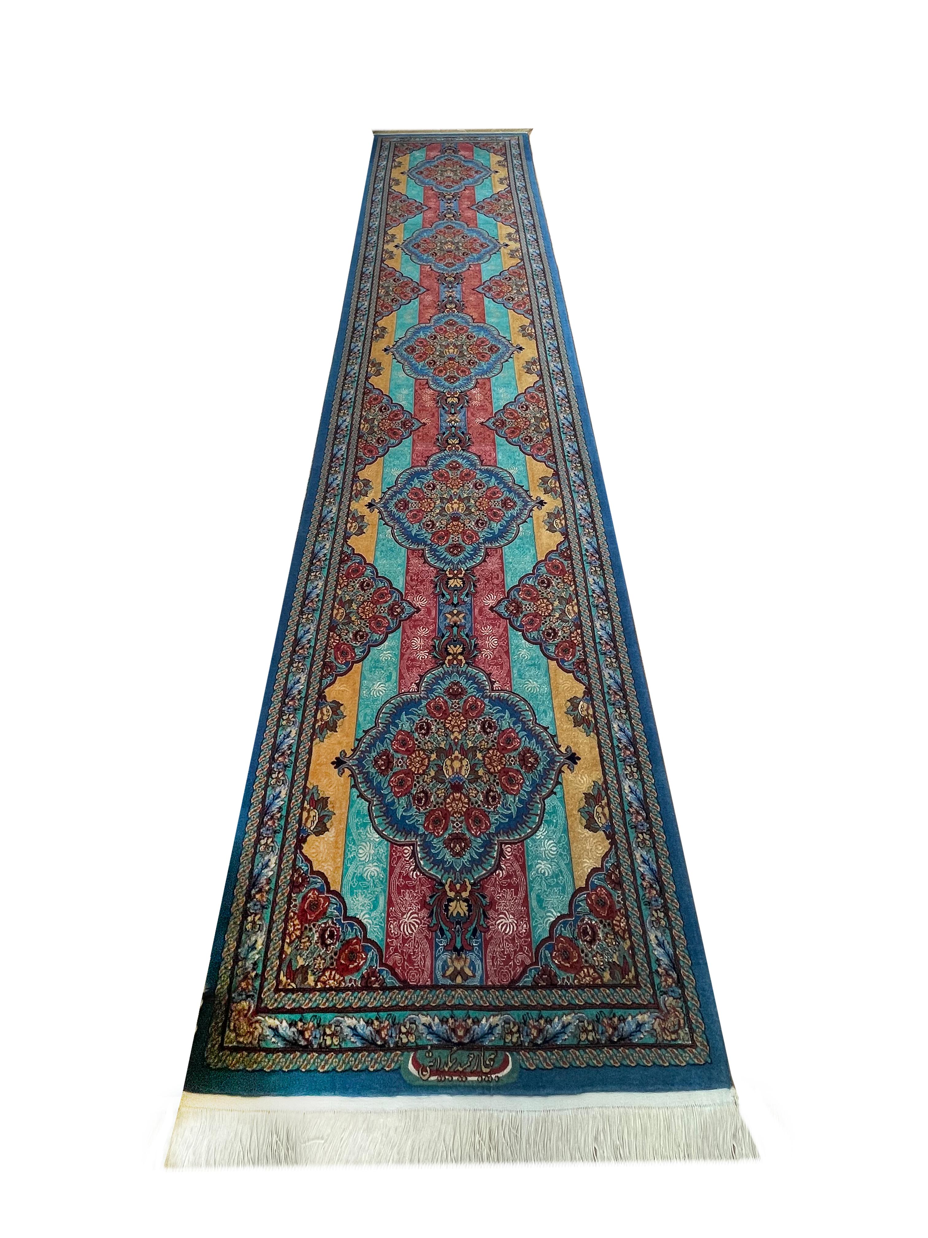 Exclusive magnificent handmade runner rug made of high-quality materials and designed from a very high-end rug workshop.
The background of this floral rug shows this glittery multicoloured rug as very vivid and shiny. 
The design of this rug