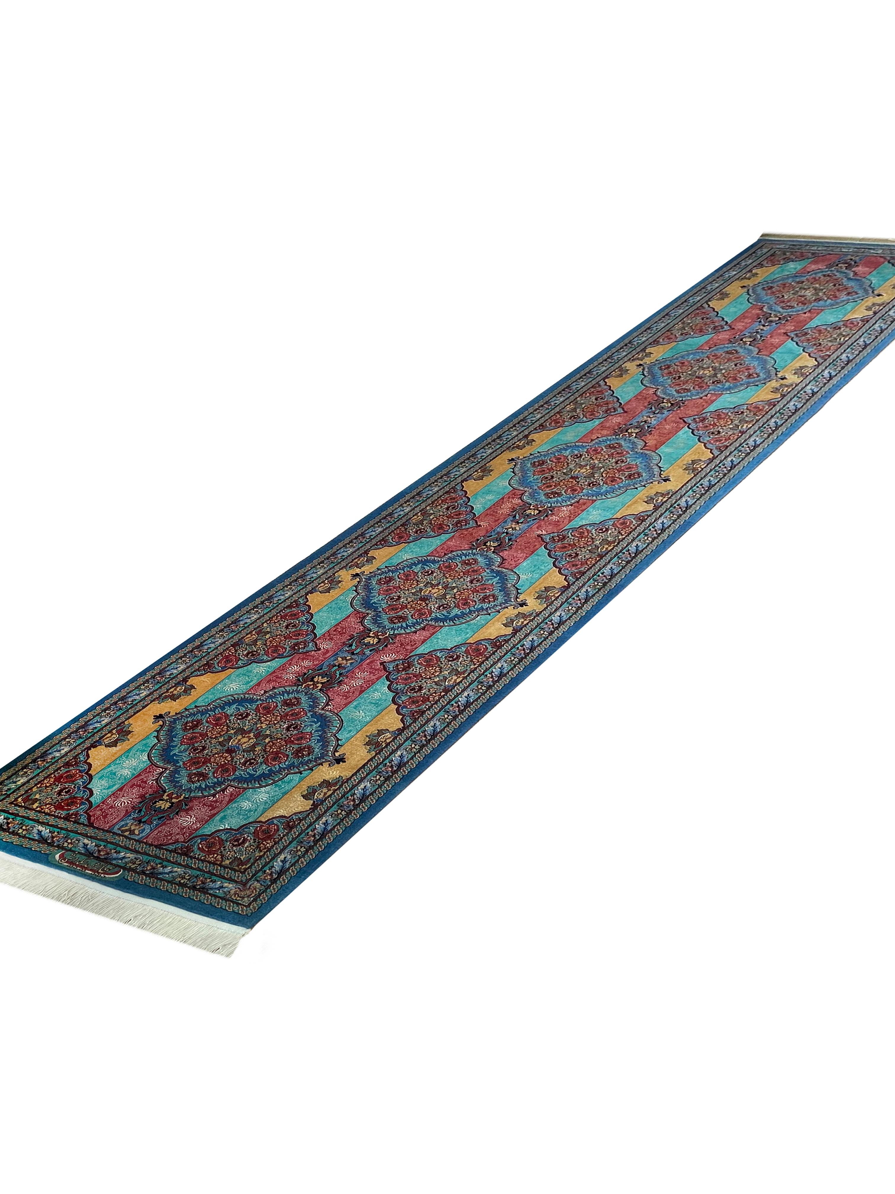 Art Deco Exclusive Handwoven Carpet Runner Turquoise Geometric Striped Area Rug For Sale