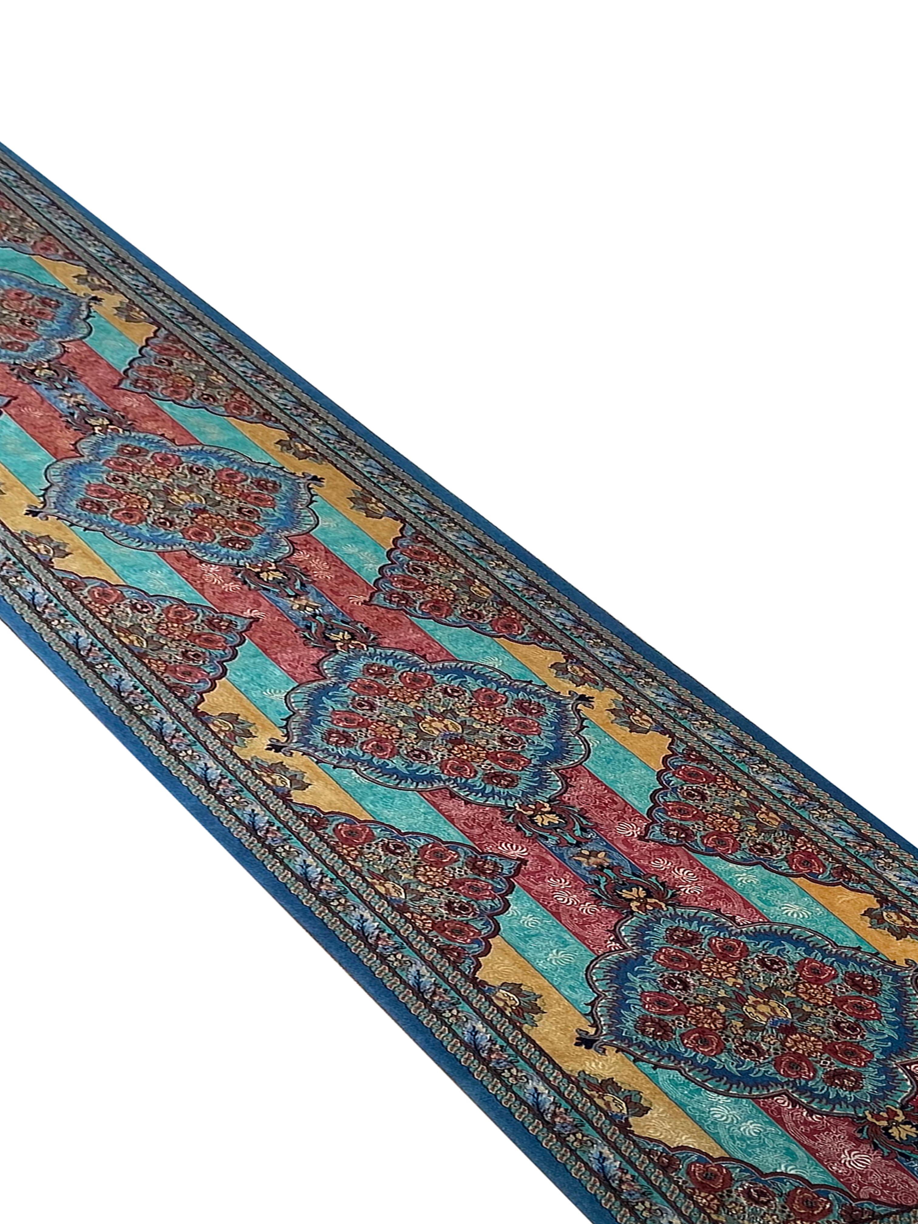 Vegetable Dyed Exclusive Handwoven Carpet Runner Turquoise Geometric Striped Area Rug For Sale