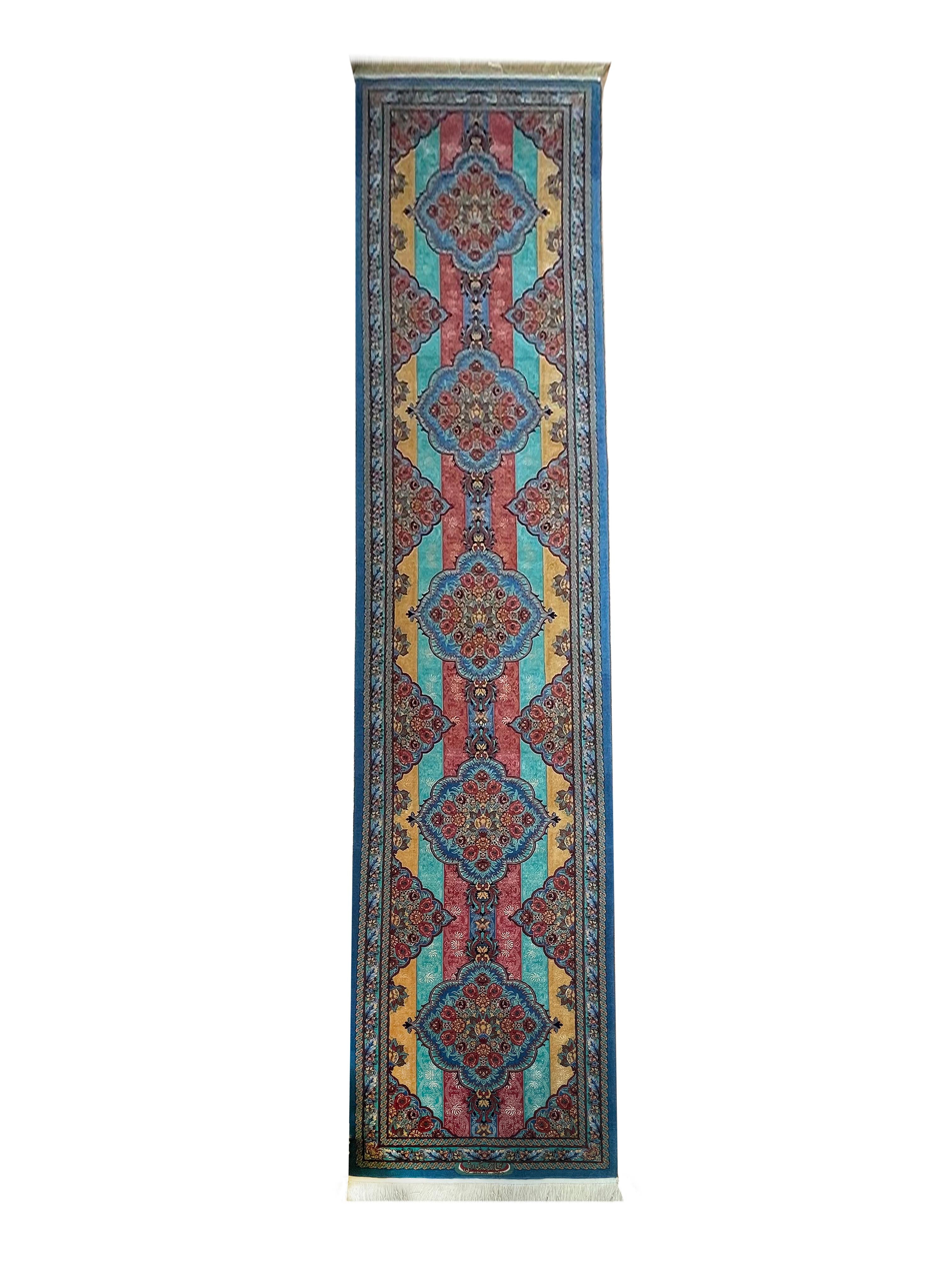 Exclusive Handwoven Carpet Runner Turquoise Geometric Striped Area Rug In Excellent Condition For Sale In Hampshire, GB