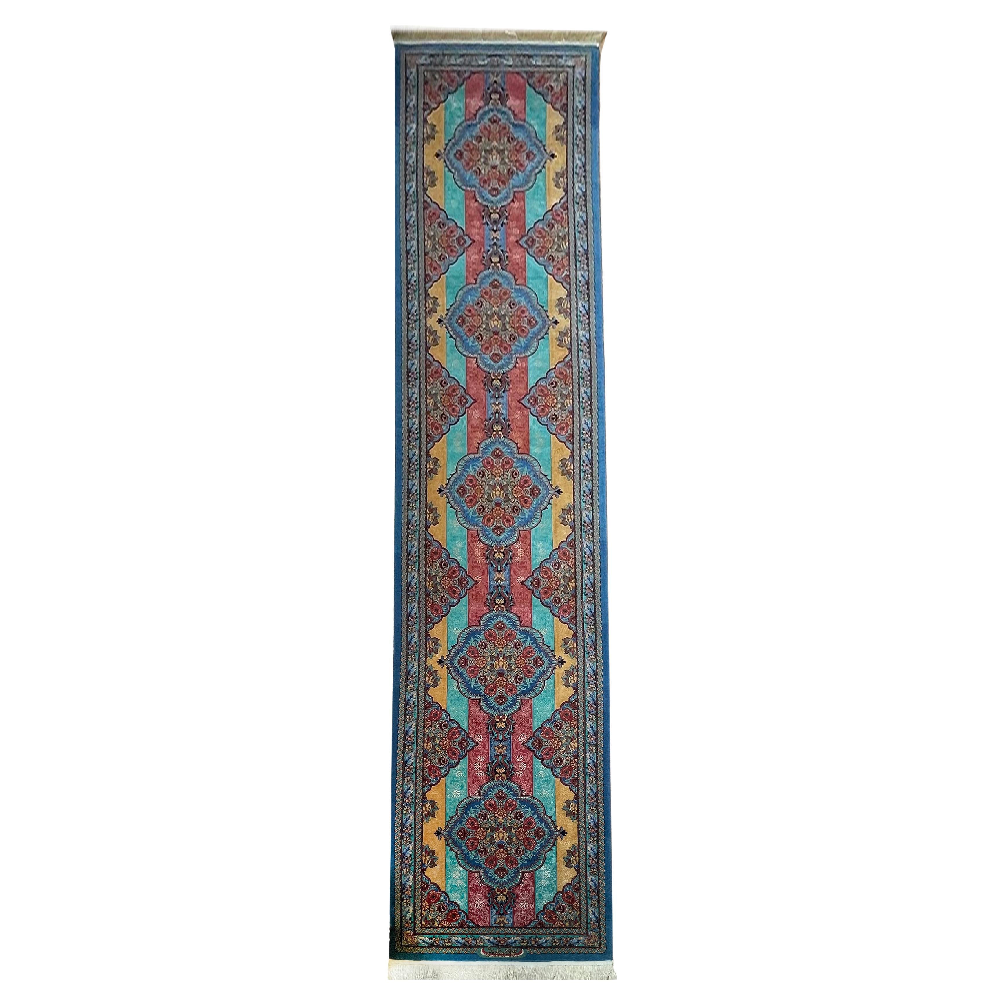 Exclusive Handwoven Carpet Runner Turquoise Geometric Striped Area Rug For Sale