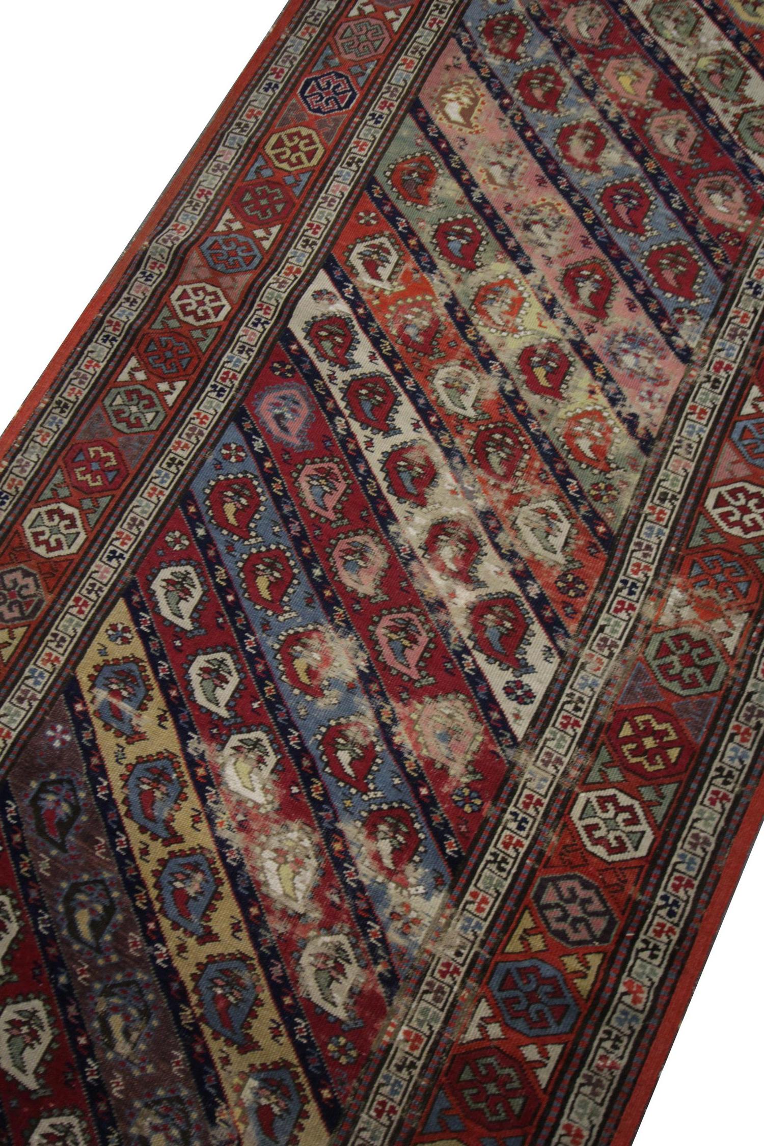 Mid-Century Modern Handwoven Carpet Traditional Caucasian Rug, Red Wool Paisley Carpet For Sale