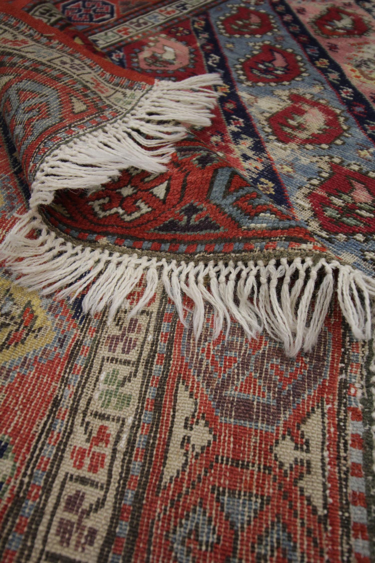 Late 19th Century Handwoven Carpet Traditional Caucasian Rug, Red Wool Paisley Carpet For Sale