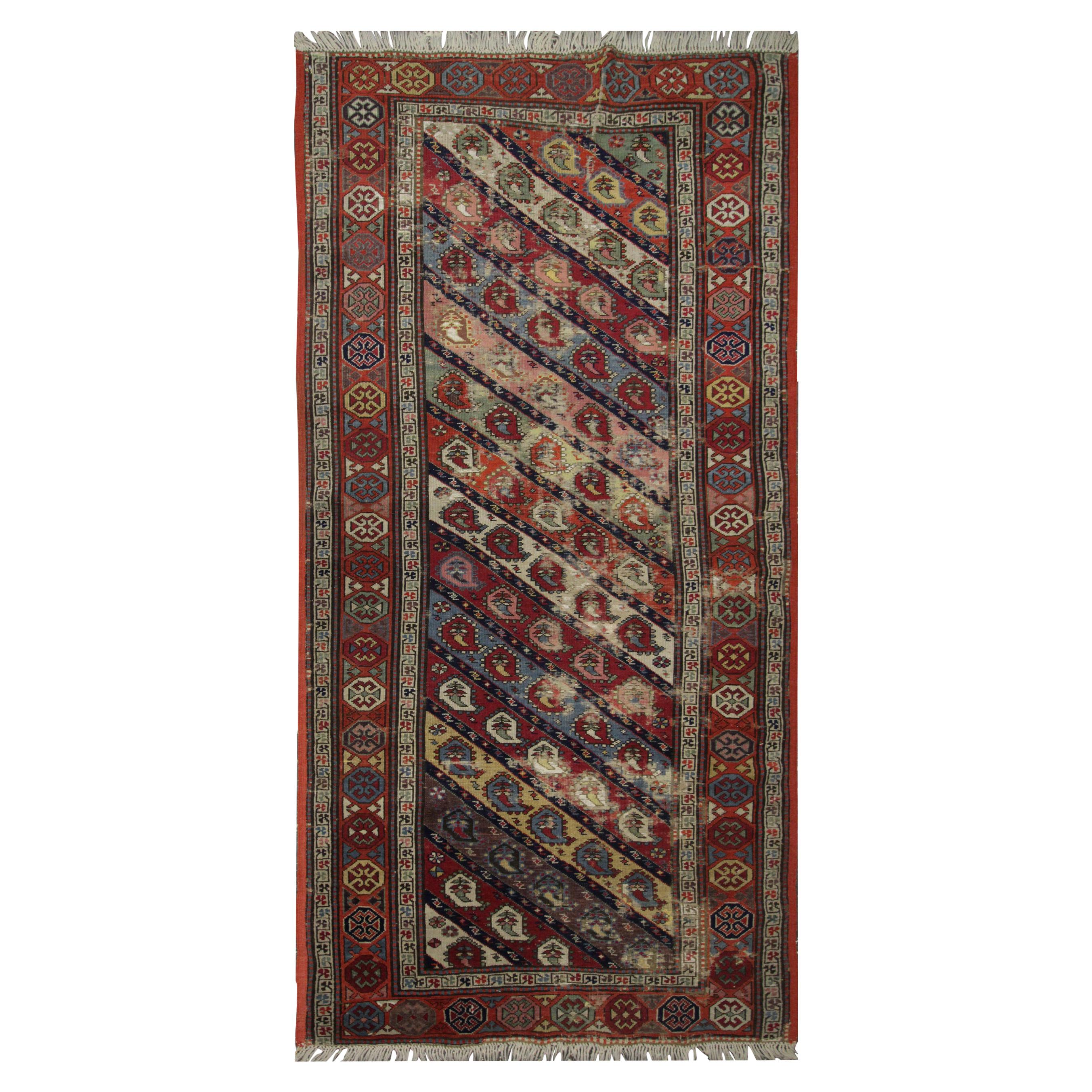 Handwoven Carpet Traditional Caucasian Rug, Red Wool Paisley Carpet For Sale