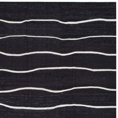 Vintage Handwoven Contemporary Black and White Kilim Carpet, Old Yarn Wool