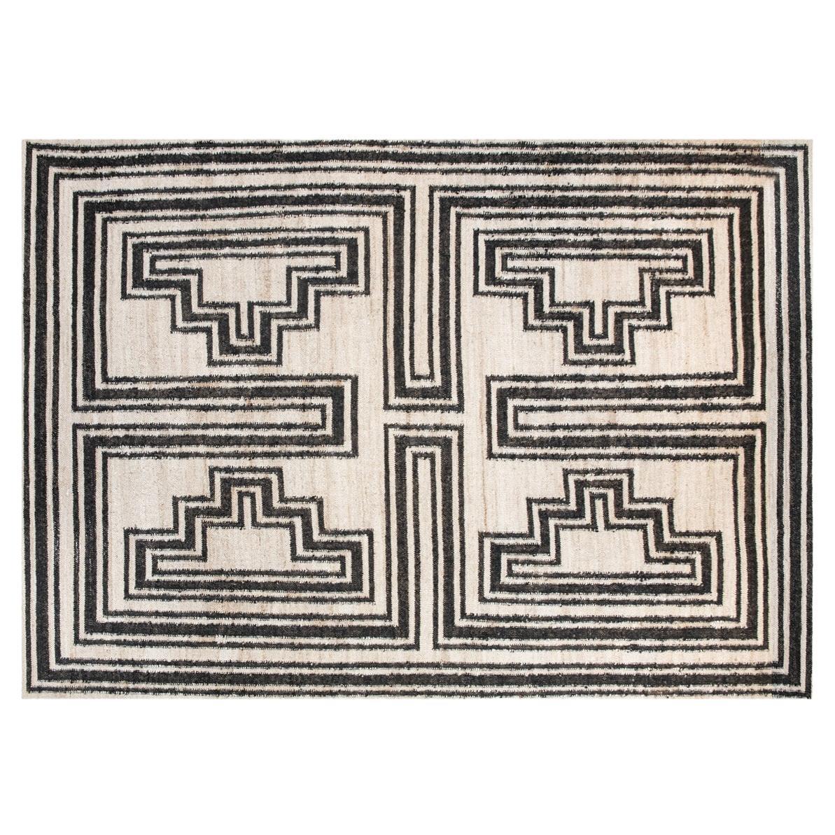 Modern Handwoven Jute Carpet Rug Dhurrie Cream & Black Pyramids For Sale