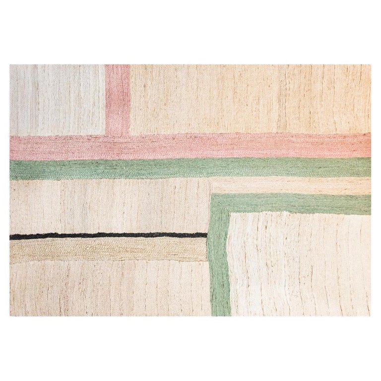 Modern Handwoven Jute Carpet Rug in Black Pink Green White Geometric For Sale