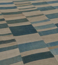 Handwoven Contemporary Wool Blue and Ivory Flatweave Rug