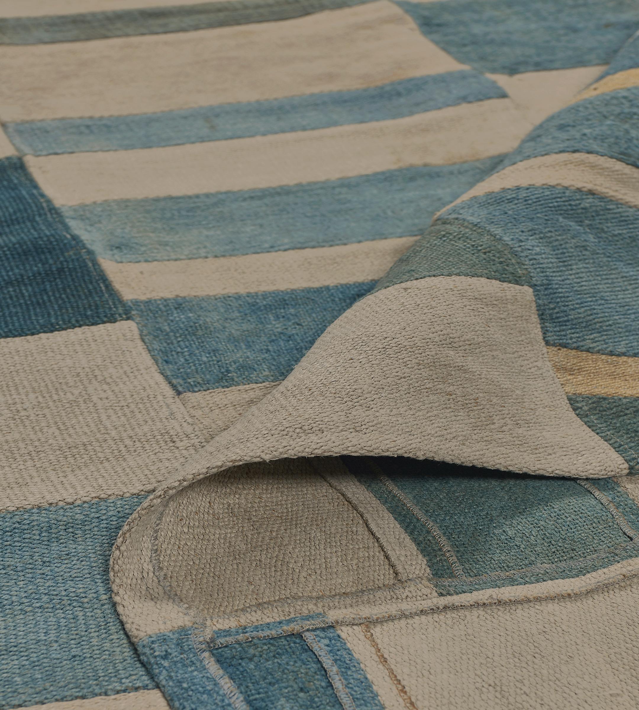 Handwoven Contemporary Wool Blue and Ivory Flatweave Rug For Sale 3